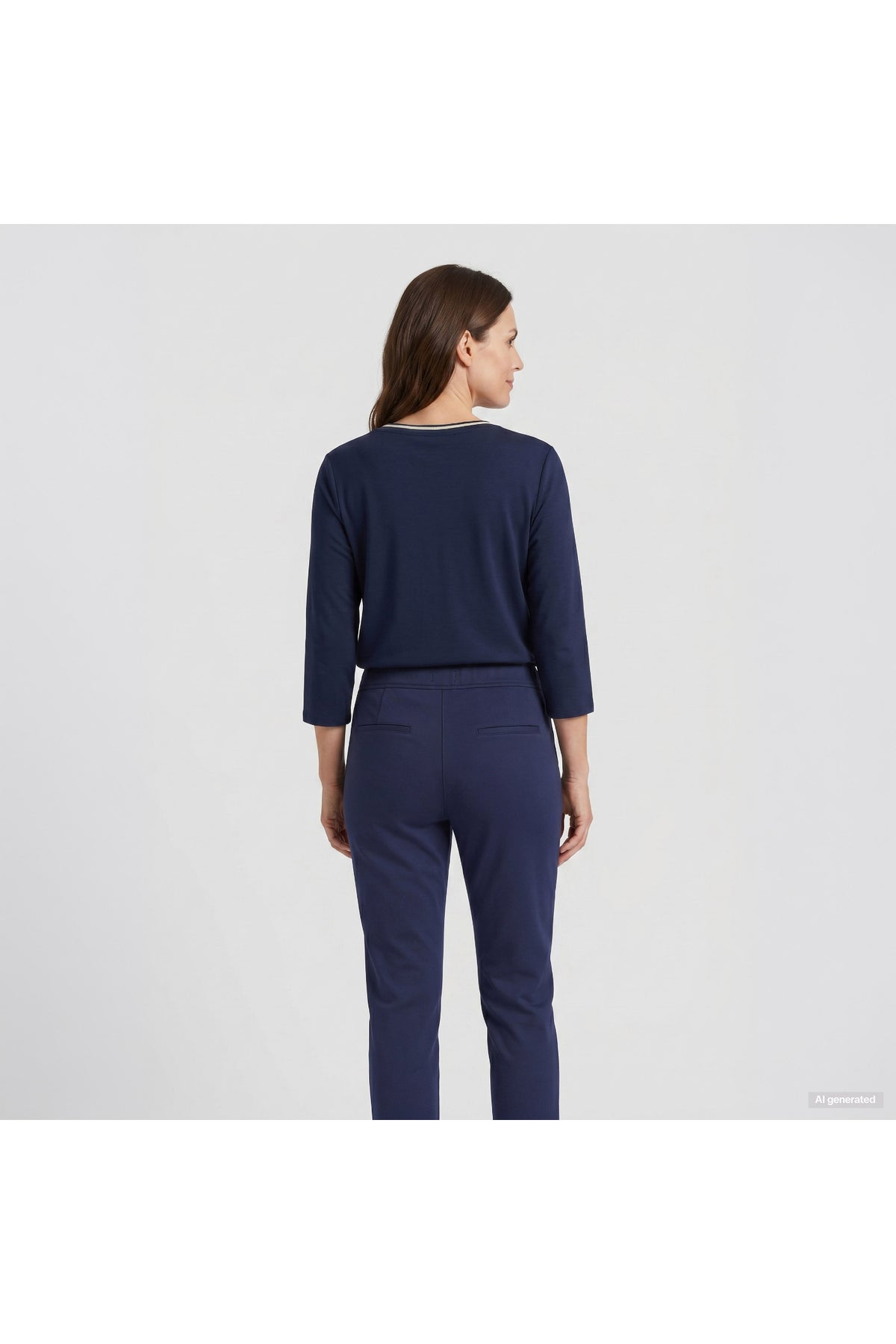 Woman viewed from behind wearing a navy long-sleeve top and matching trousers against a light gray background