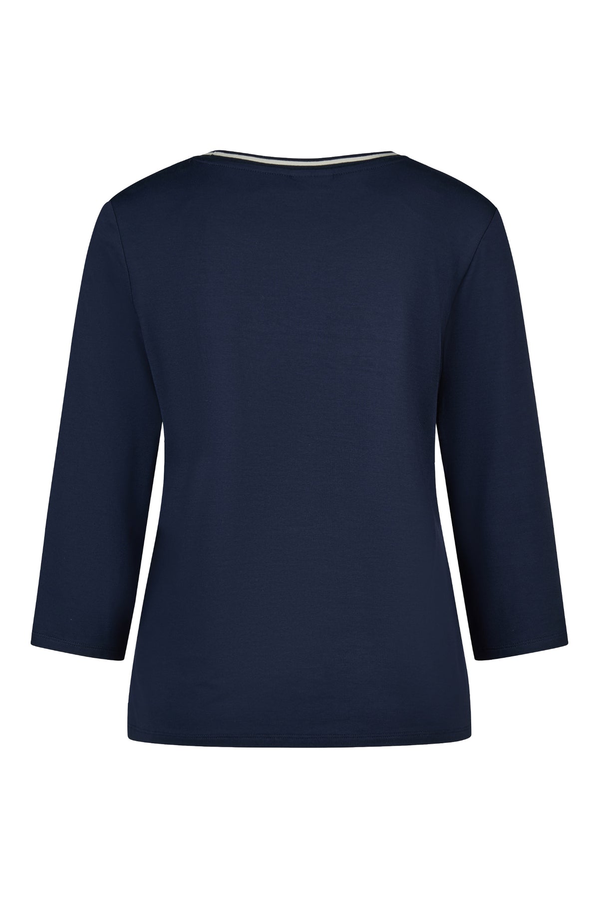 Navy blue long sleeve crew neck top on a white background