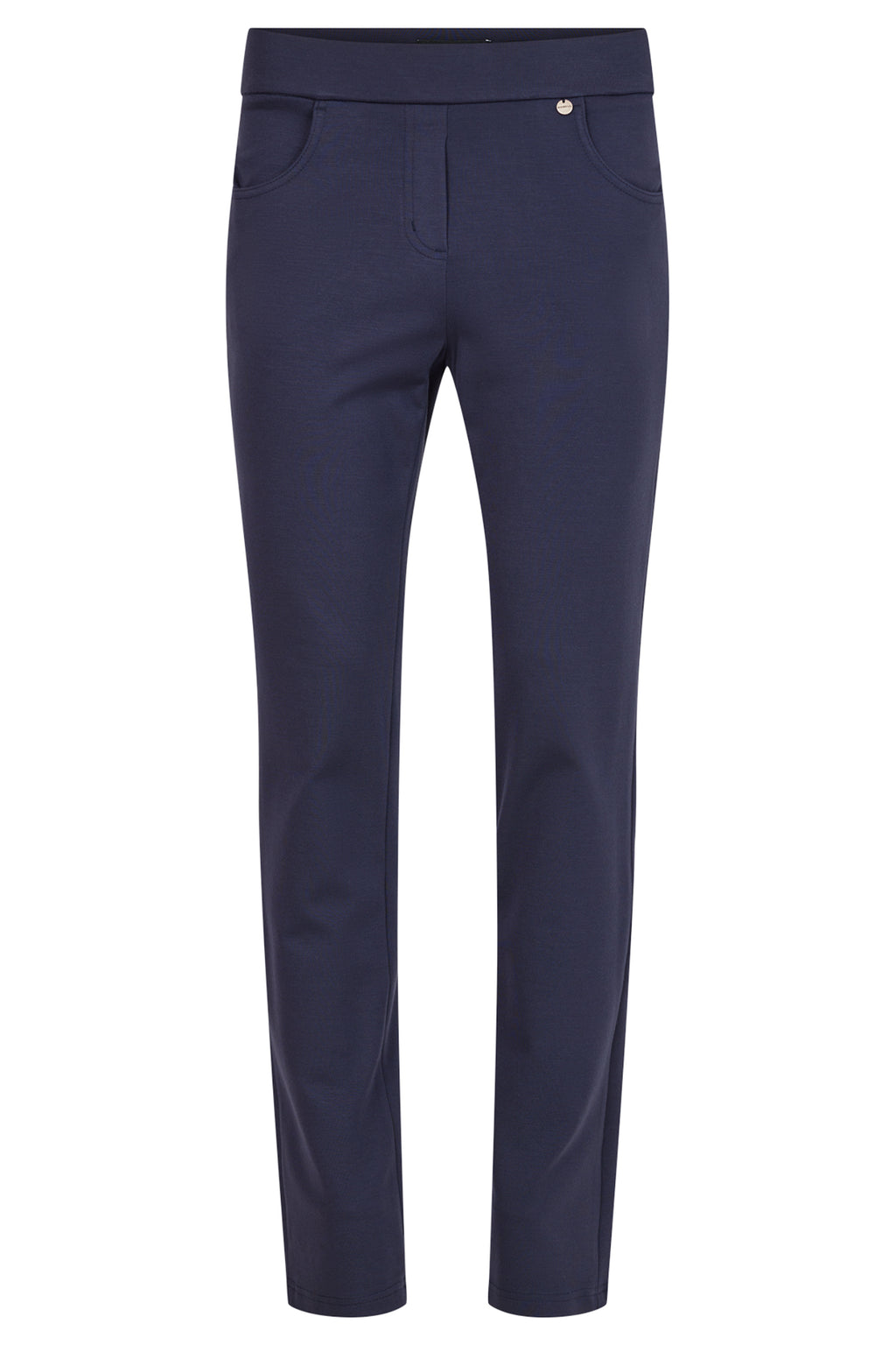 Robell Bella K navy pull-on trousers with straight leg fit, elasticated waistband and soft winter jersey fabric, 73cm length.