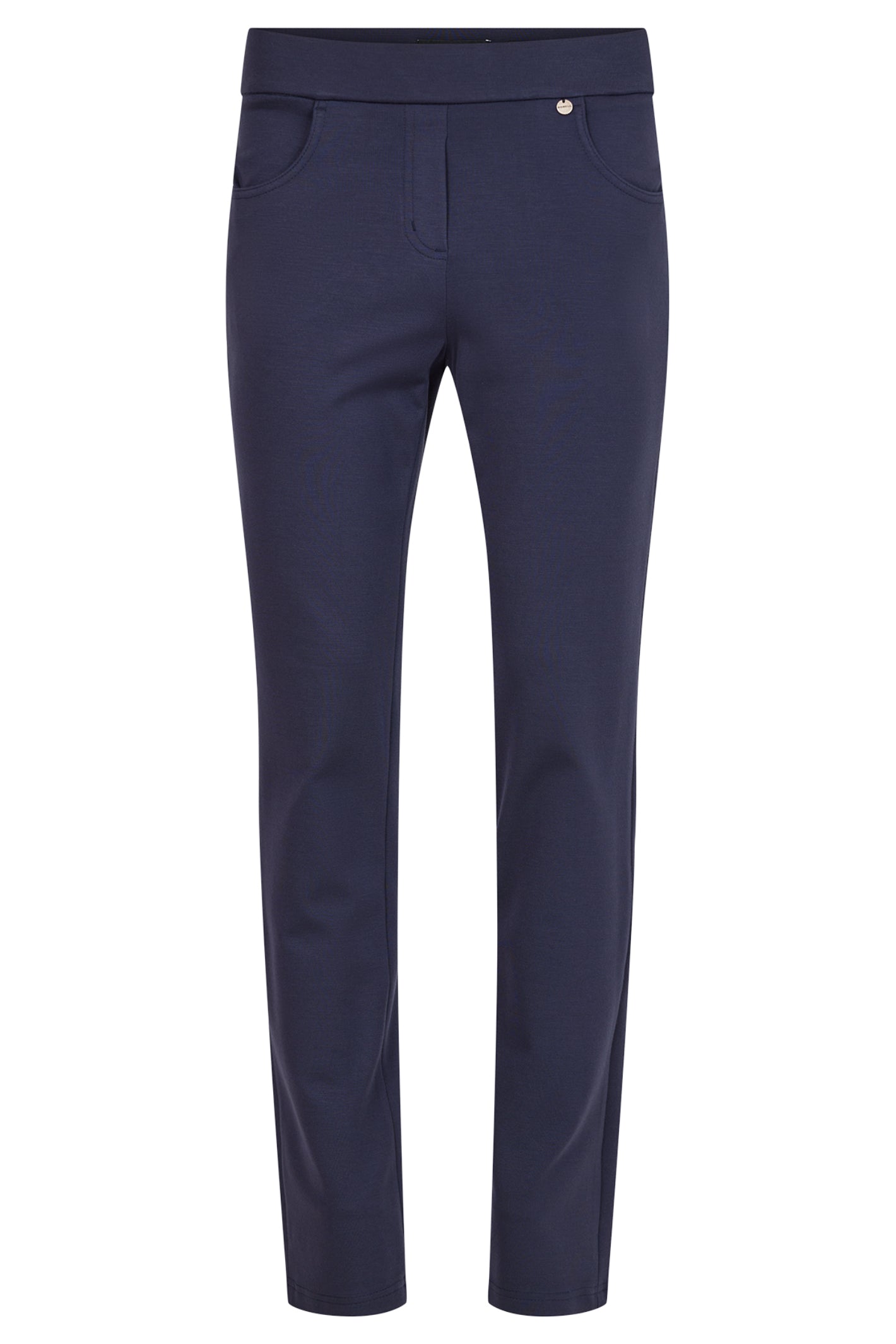 Robell Bella K navy pull-on trousers with straight leg fit, elasticated waistband and soft winter jersey fabric, 73cm length.