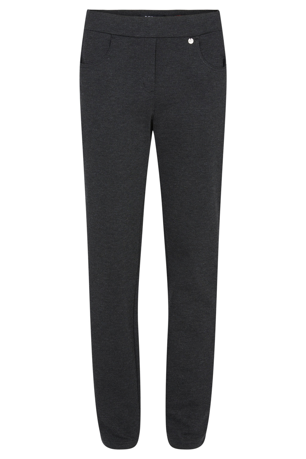 Robell Bella K dark grey pull-on straight leg trousers in stretch winter jersey fabric with 73cm inside leg.