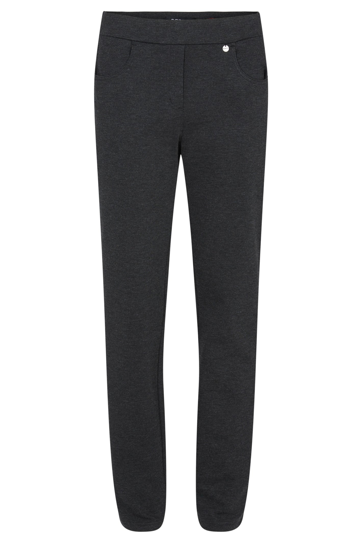 Robell Bella K dark grey pull-on straight leg trousers in stretch winter jersey fabric with 73cm inside leg.