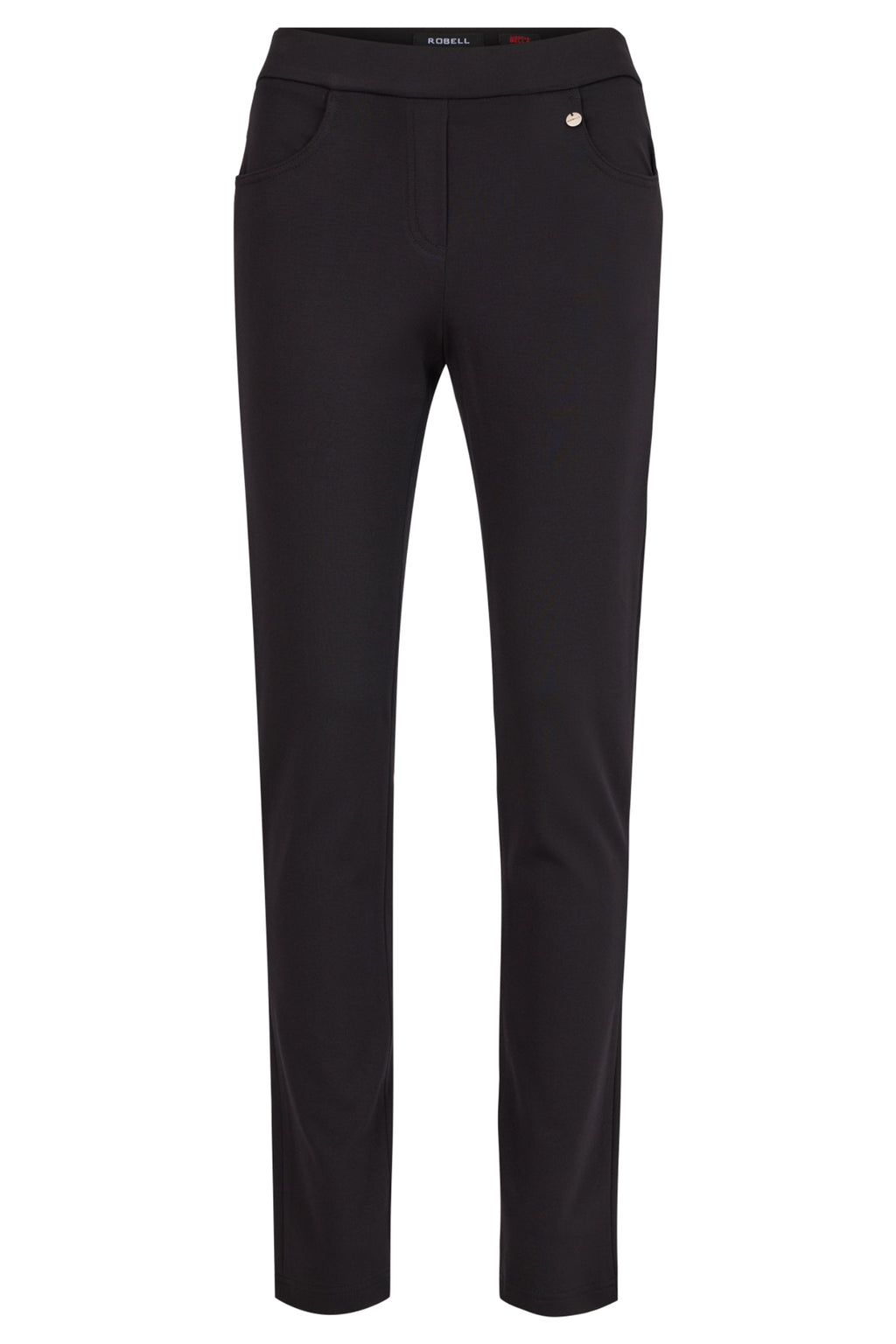 Robell Bella K black pull-on trousers with straight leg fit, elasticated waistband and soft winter jersey fabric, 73cm length.