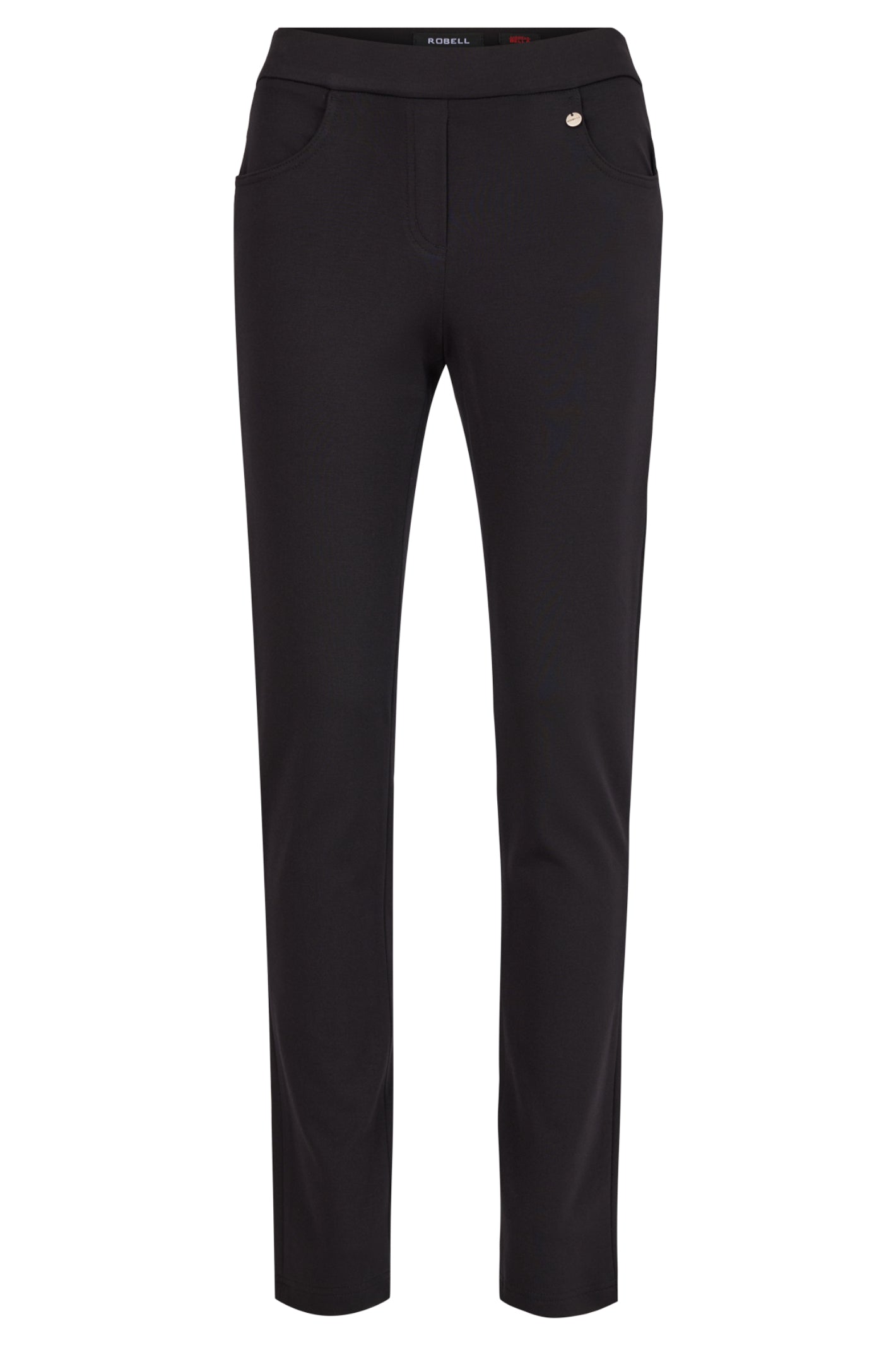 Robell Bella K black pull-on trousers with straight leg fit, elasticated waistband and soft winter jersey fabric, 73cm length.