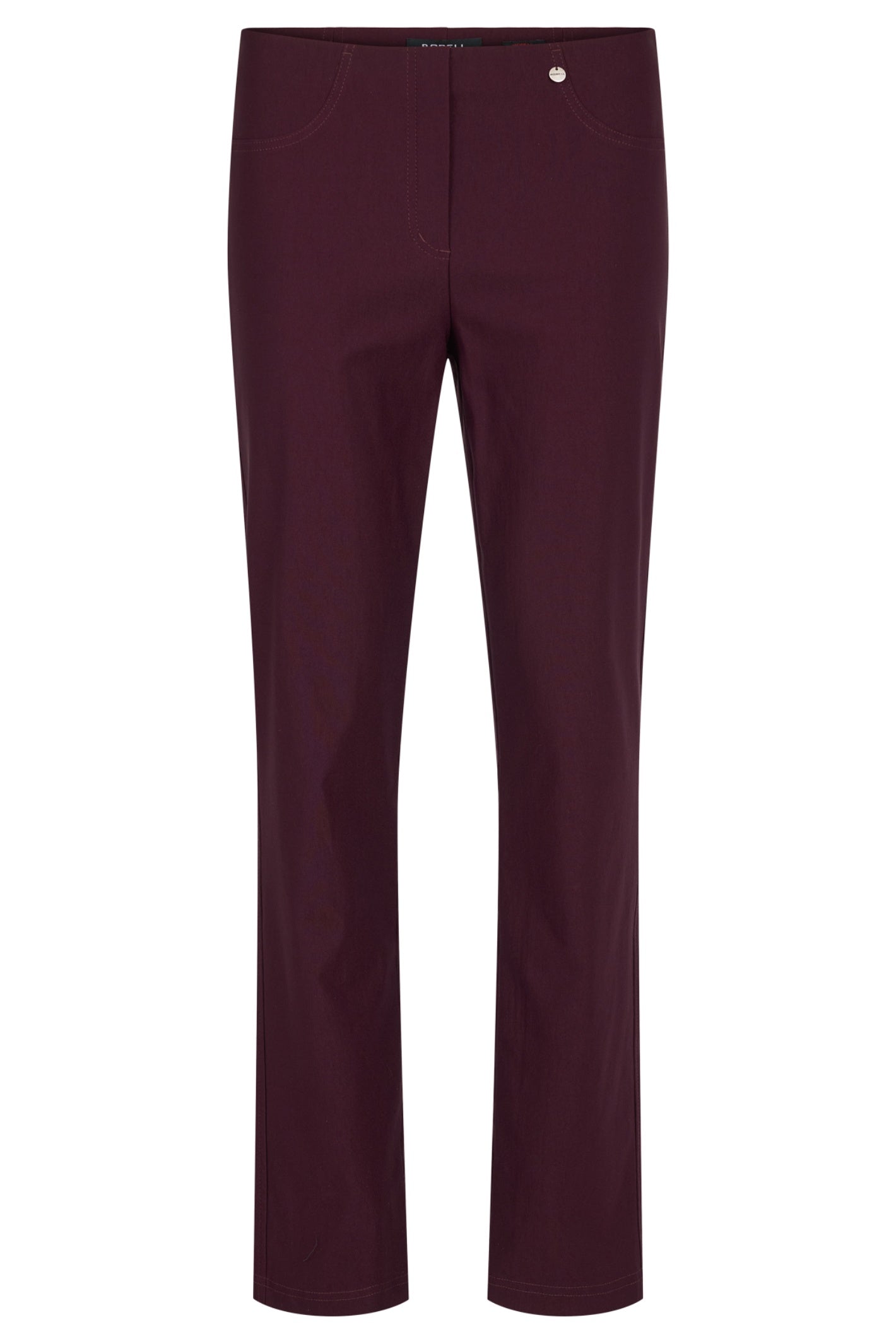 Robell Bella Sangria pull-on trousers with slim fit, elasticated waistband, straight leg and 73cm inside leg.