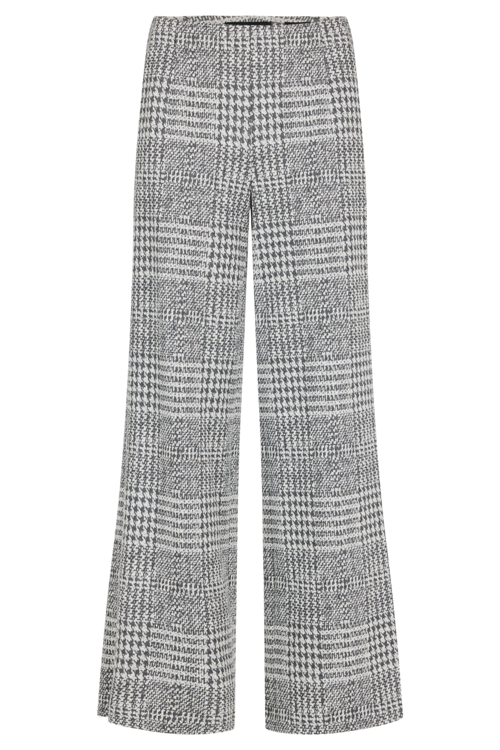 Robell Yasi wide leg trousers in silver check with stretch fabric and flattering 82cm length. Smart pull-on ladies trousers with a tailored look.
