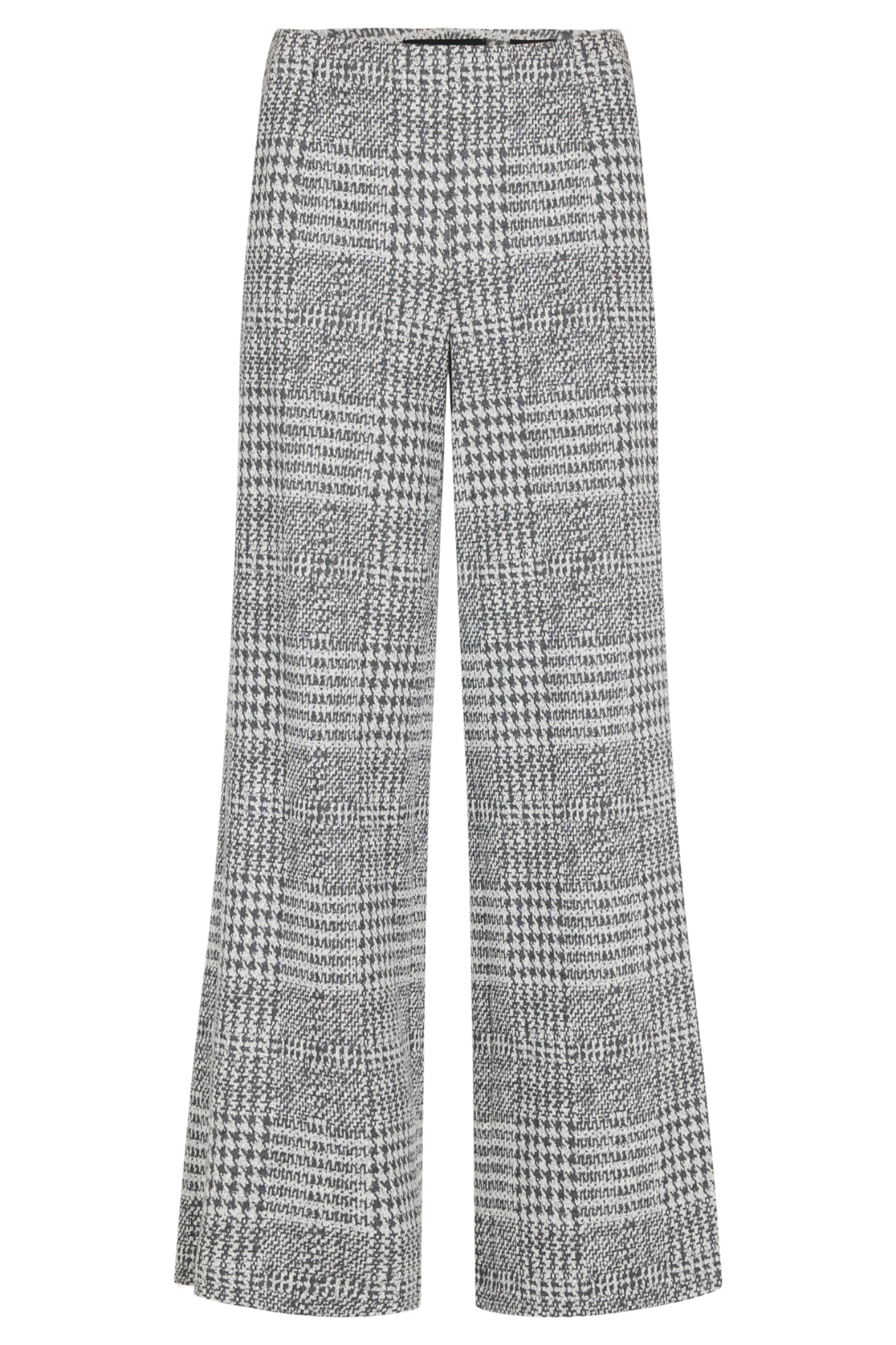 Robell Yasi wide leg trousers in silver check with stretch fabric and flattering 82cm length. Smart pull-on ladies trousers with a tailored look.