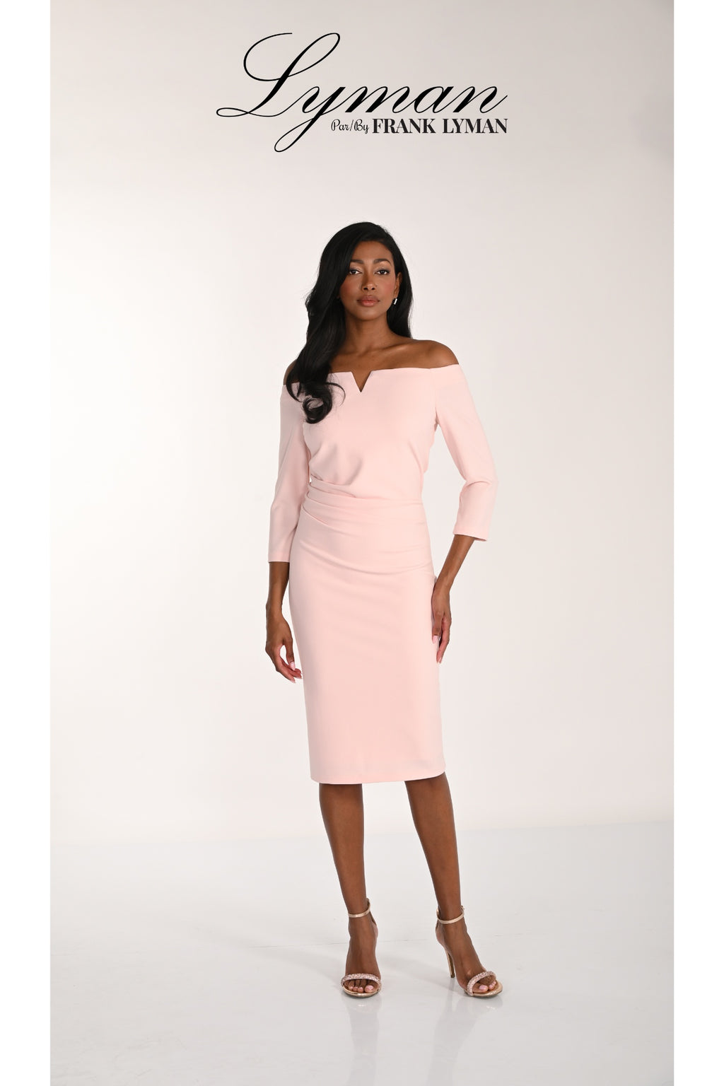Elegant woman wearing Frank Lyman 268116 Blush Off-Shoulder Occasion Dress by Frank Lyman, shop Frank Lyman at Dotique