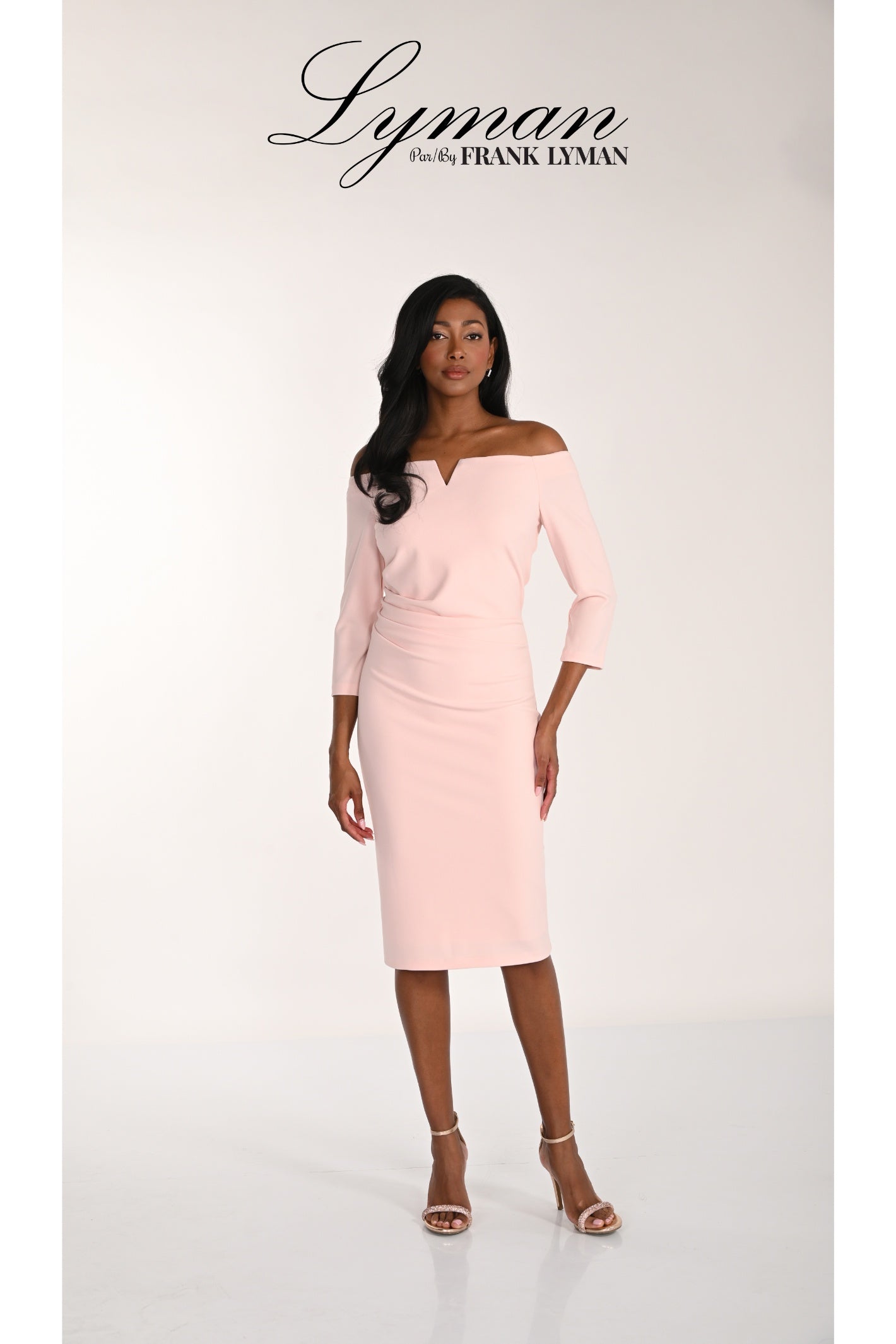 Elegant woman wearing Frank Lyman 268116 Blush Off-Shoulder Occasion Dress by Frank Lyman, shop Frank Lyman at Dotique