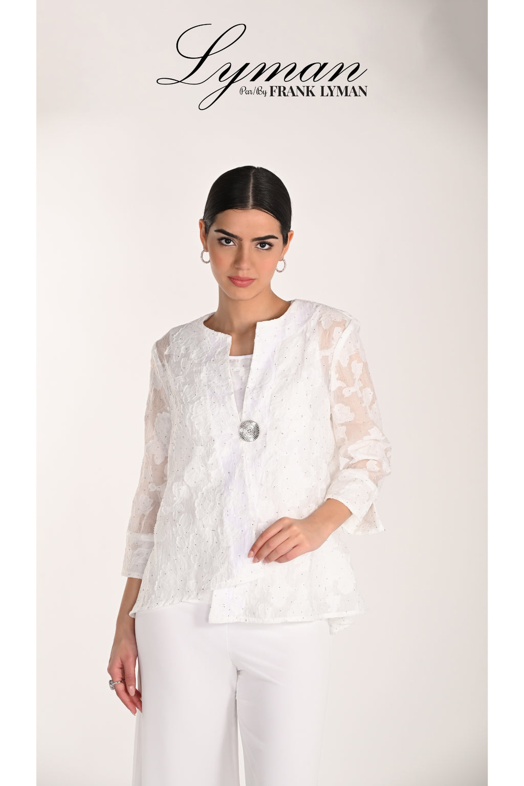 Woman wearing Frank Lyman 268155 White Embroidered Occasion Jacket by Frank Lyman available at Dotique shop