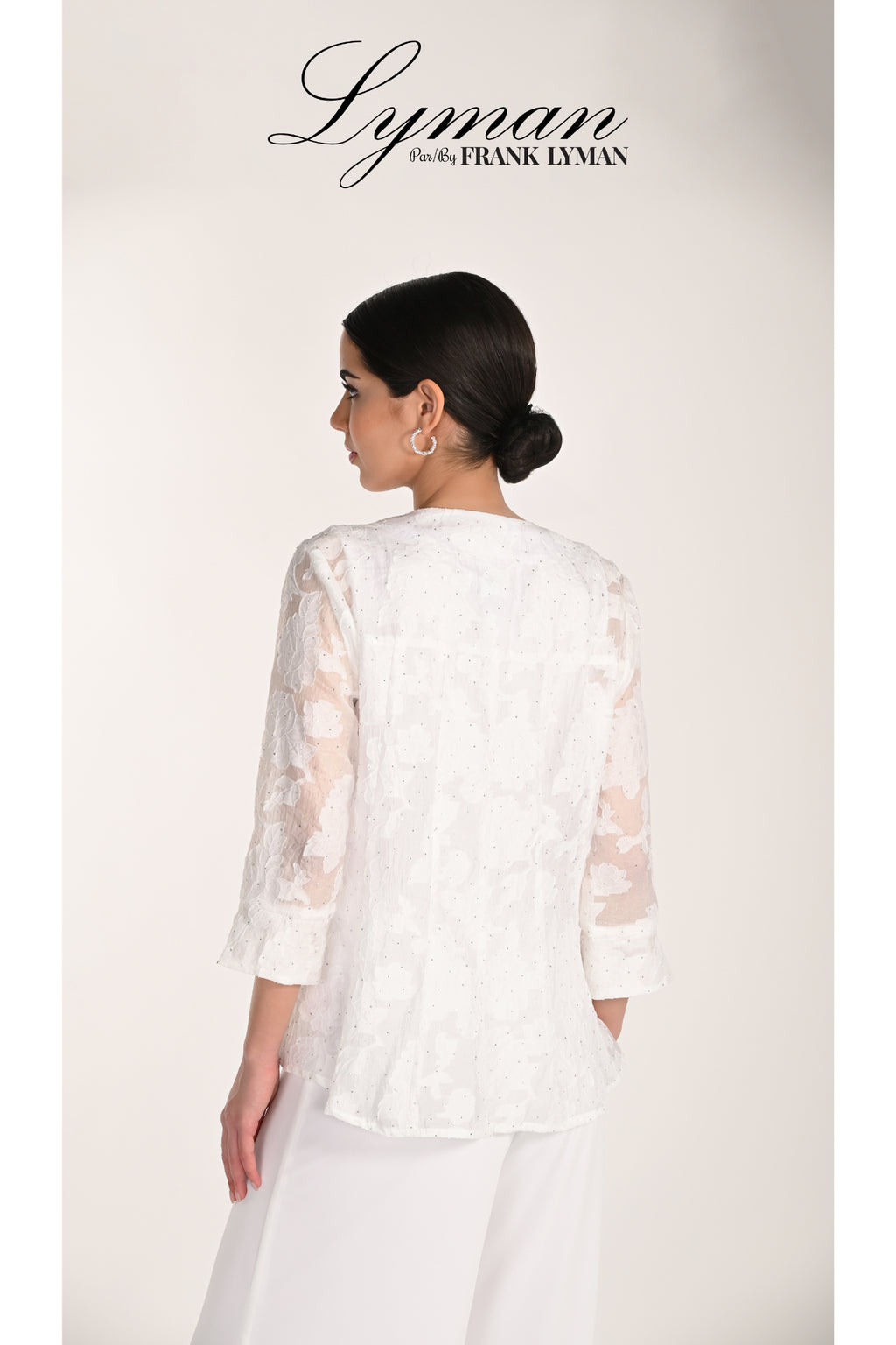 Elegant white lace jacket shown from back, Frank Lyman 268155 White Embroidered Occasion Jacket, shop Frank Lyman at Dotique