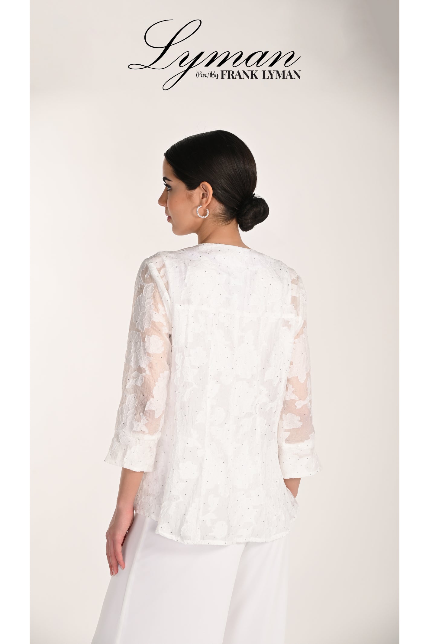 Elegant white lace jacket shown from back, Frank Lyman 268155 White Embroidered Occasion Jacket, shop Frank Lyman at Dotique