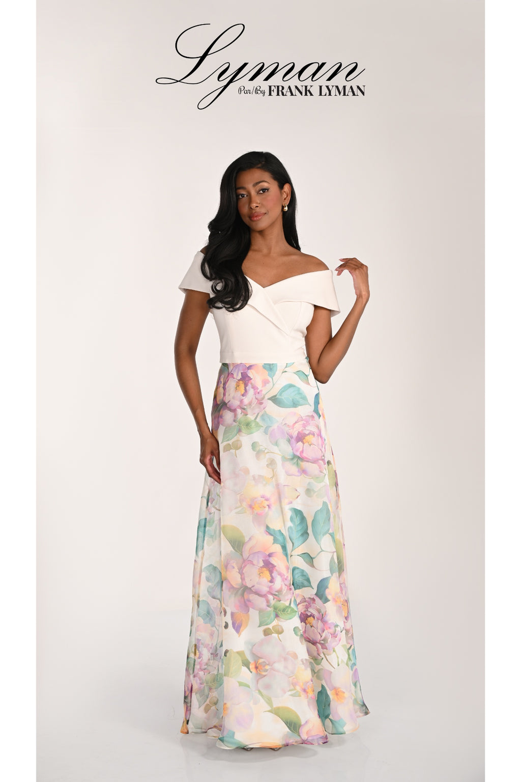 Woman wearing Frank Lyman 268162 Floral Off-Shoulder Maxi Dress by Frank Lyman, shop Frank Lyman at Dotique