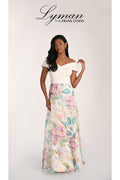 Woman wearing Frank Lyman 268162 Floral Off-Shoulder Maxi Dress by Frank Lyman, shop Frank Lyman at Dotique