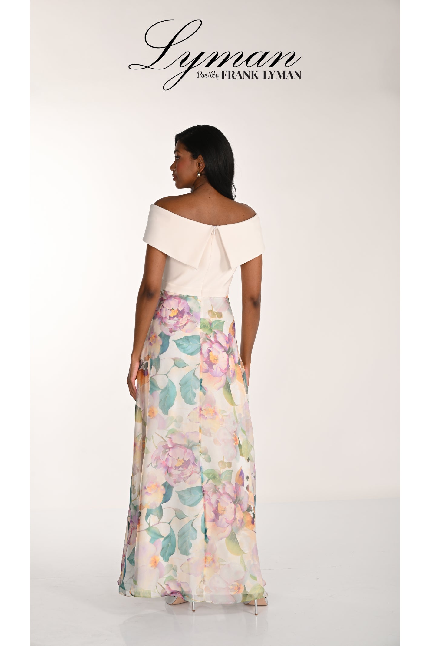 Woman wearing Frank Lyman 268162 Floral Off-Shoulder Maxi Dress by Frank Lyman, shop Frank Lyman at Dotique.