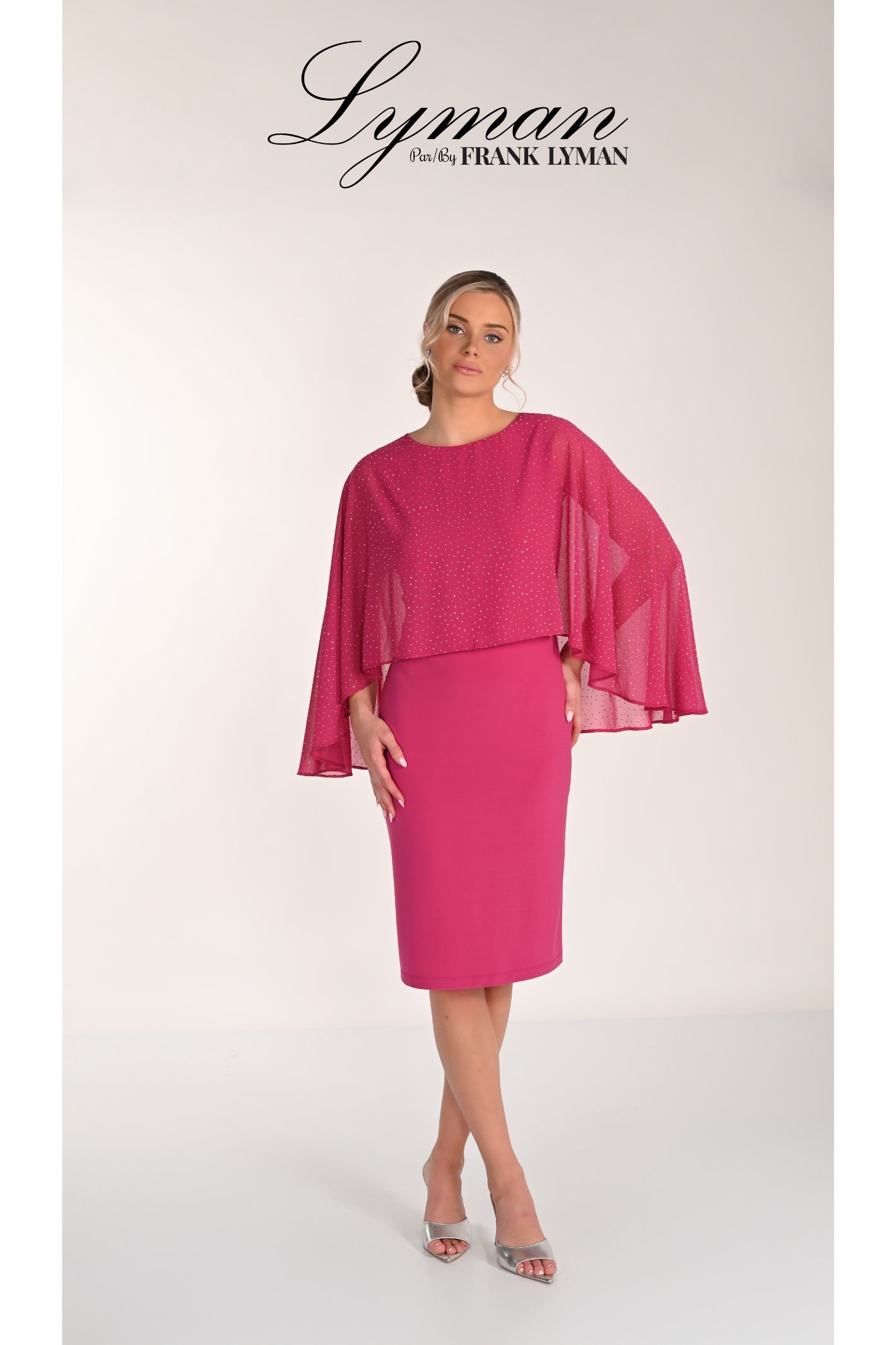 Elegant woman wearing Frank Lyman 268195 Magenta Embellished Cape Dress by Frank Lyman, shop Frank Lyman at Dotique