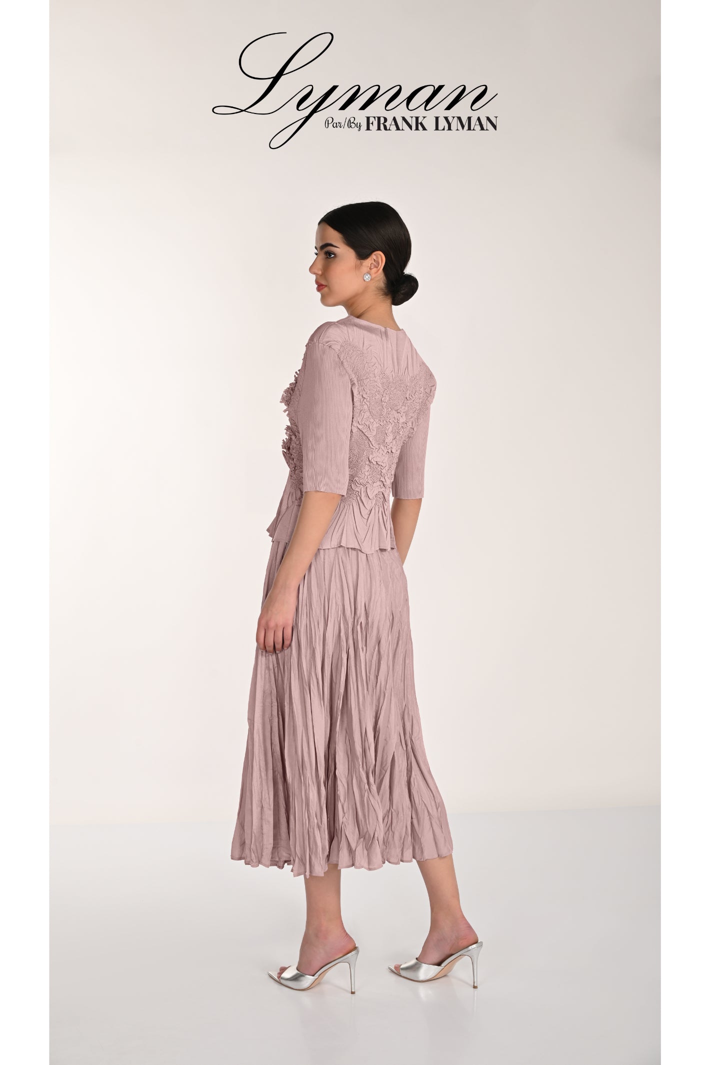 Elegant woman modeling Frank Lyman 268520 Dusty Rose Top and Skirt by Frank Lyman shop Frank Lyman at Dotique