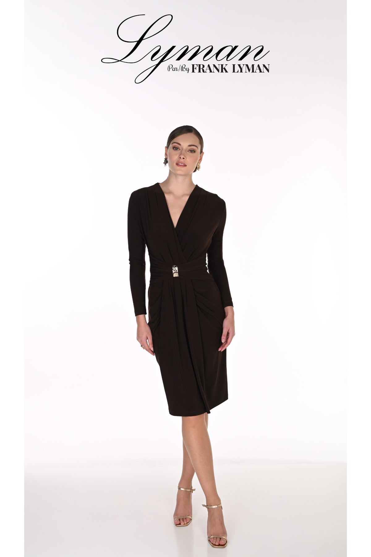Frank Lyman 269029 Mocha Dress with Gold Buckle Detail