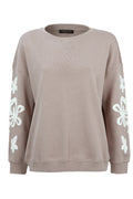Front view of Margittes Embroidered Sleeve Sweatshirt – Taupe 275842514 by Margittes Shop the Vendor at Dotique