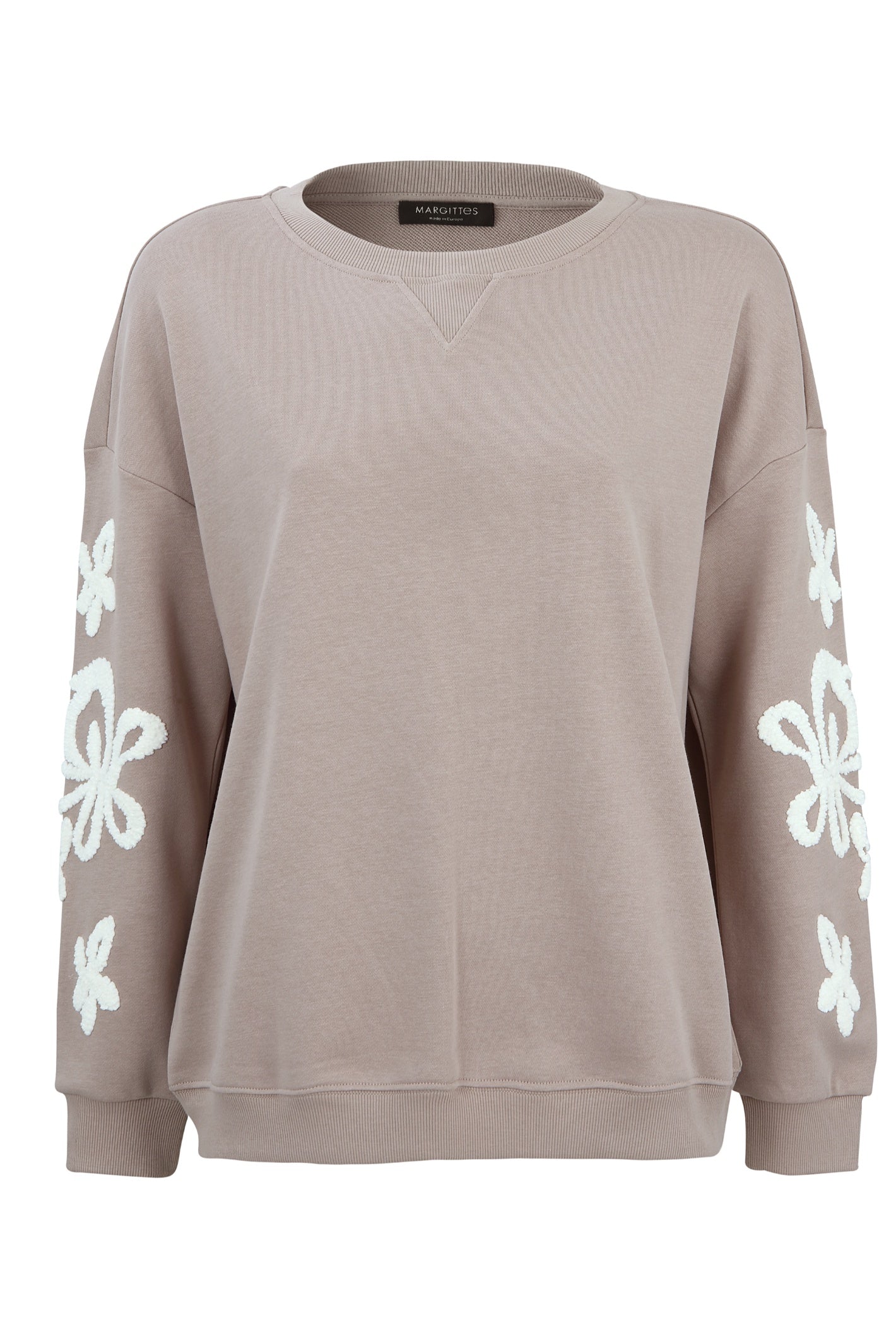 Front view of Margittes Embroidered Sleeve Sweatshirt – Taupe 275842514 by Margittes Shop the Vendor at Dotique