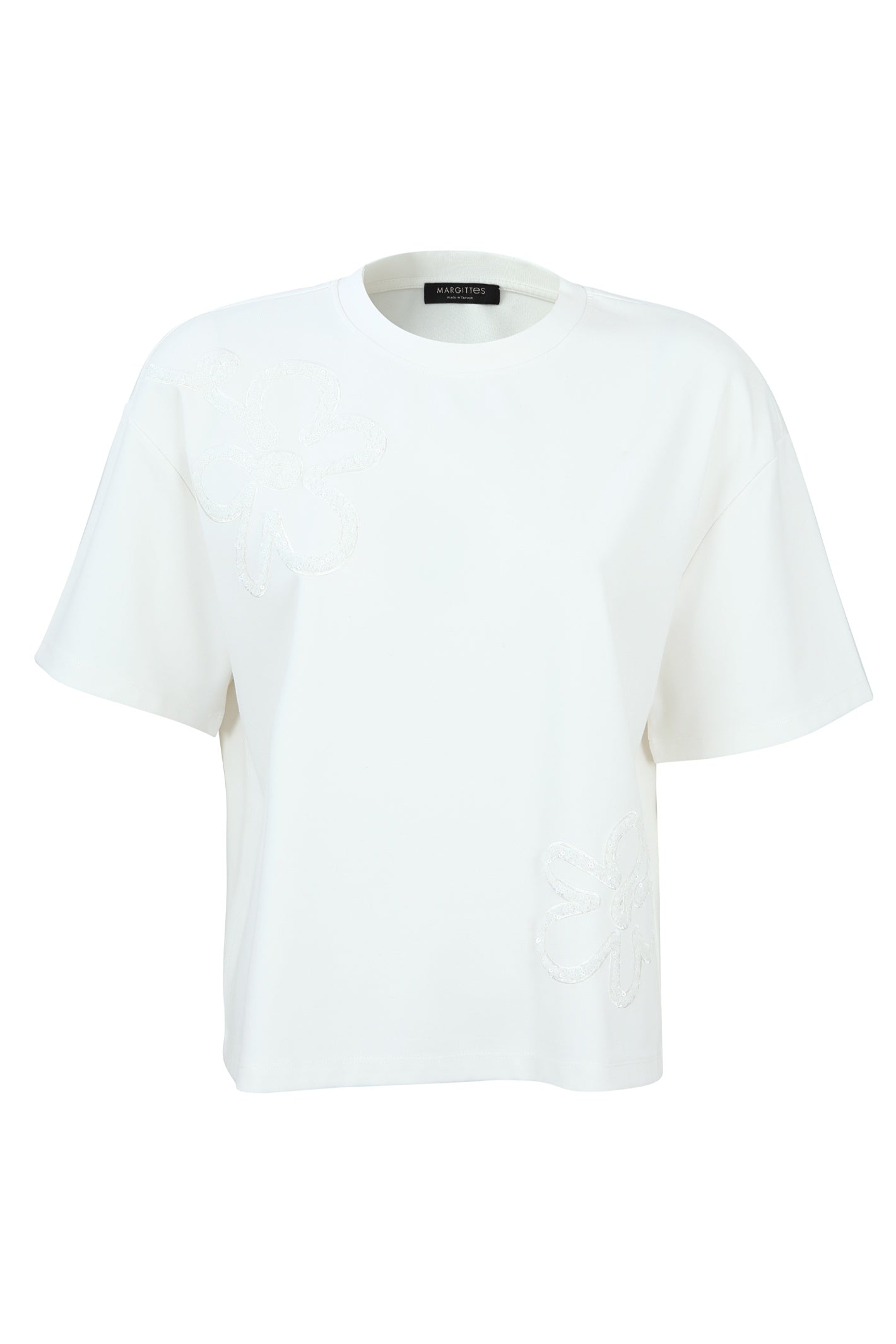 Front view of Margittes Floral Appliqué White T-Shirt 276012524 by Margittes shop the vendor at Dotique