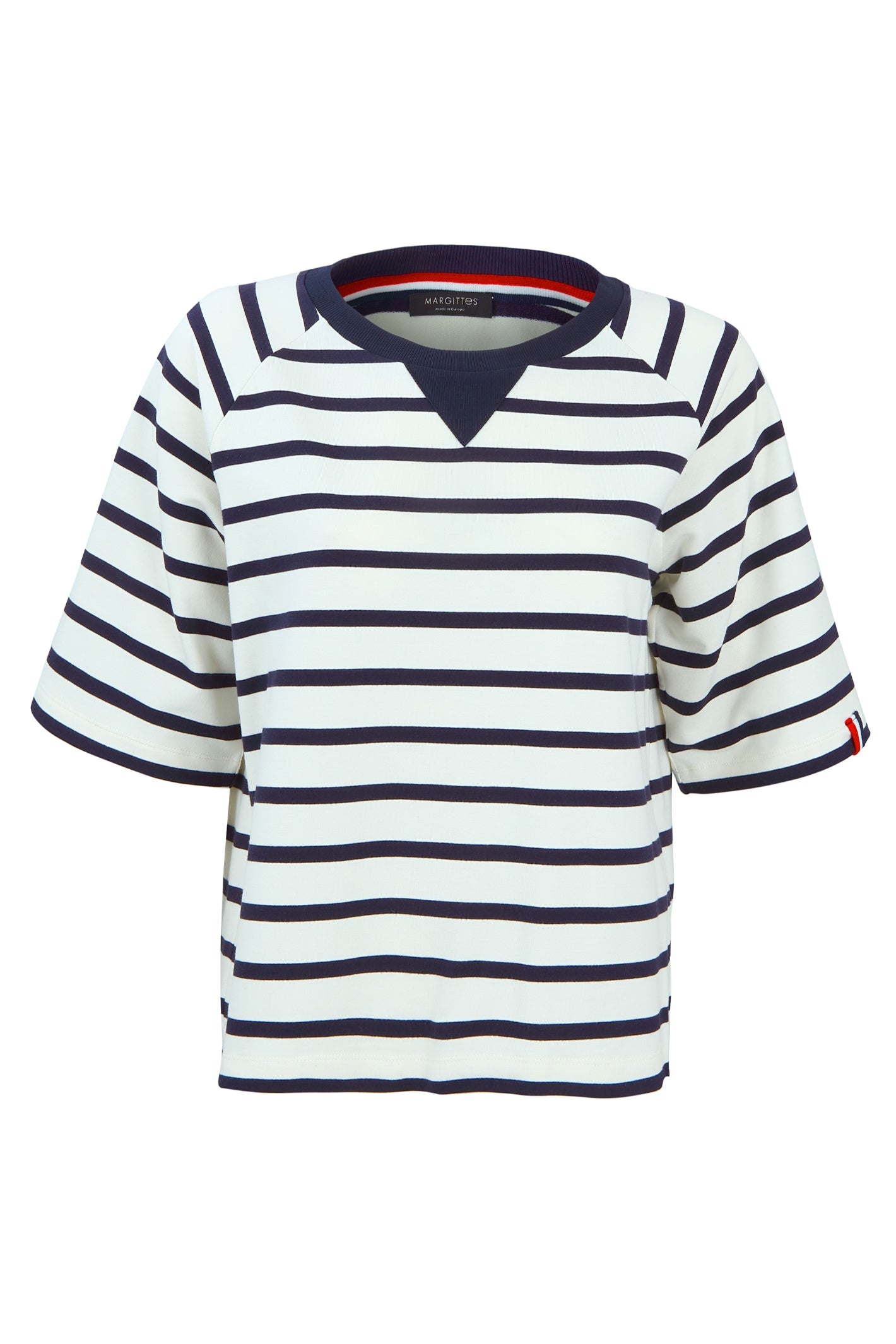 Front view of Margittes Striped Cotton Blend Short Sleeve Sweat Top 276232524 by Margittes Shop the Vendor at Dotique
