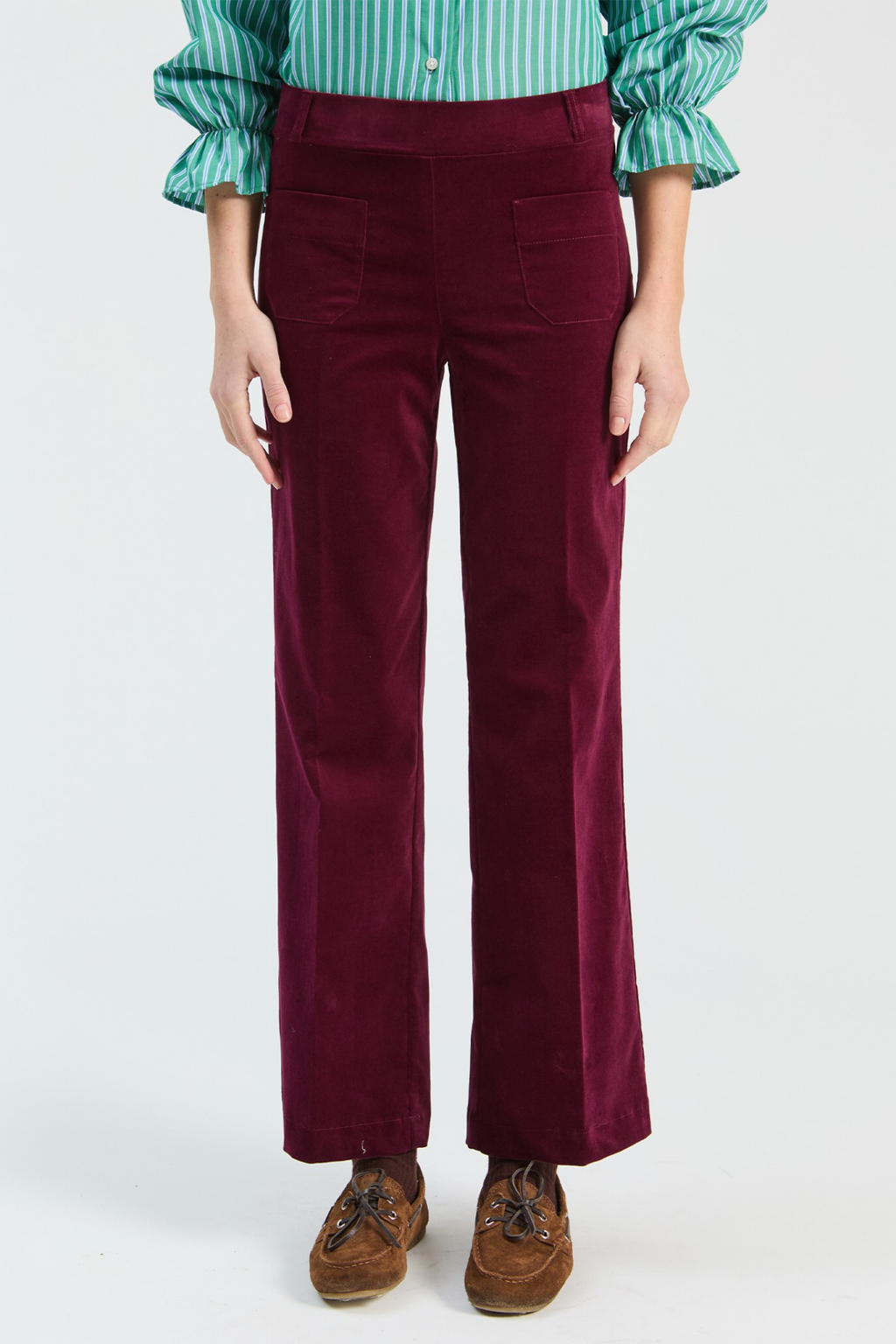 Shop the Vilagallo Burgundy Velvet Trousers at Dotique. Luxurious soft velvet trousers in a rich burgundy shade, perfect for occasionwear and elegant everyday styling.
