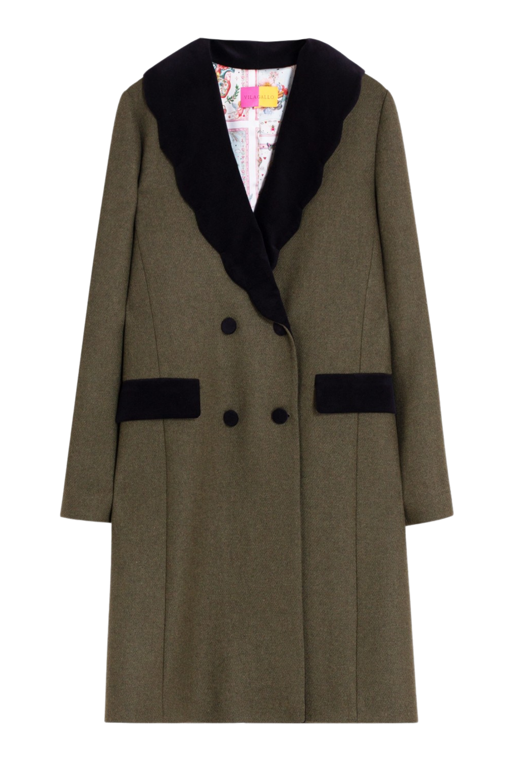 Shop the Vilagallo Green Wool Double-Breasted Coat at Dotique. A beautifully tailored wool-blend coat with a double-breasted design, statement buttons and signature printed lining.