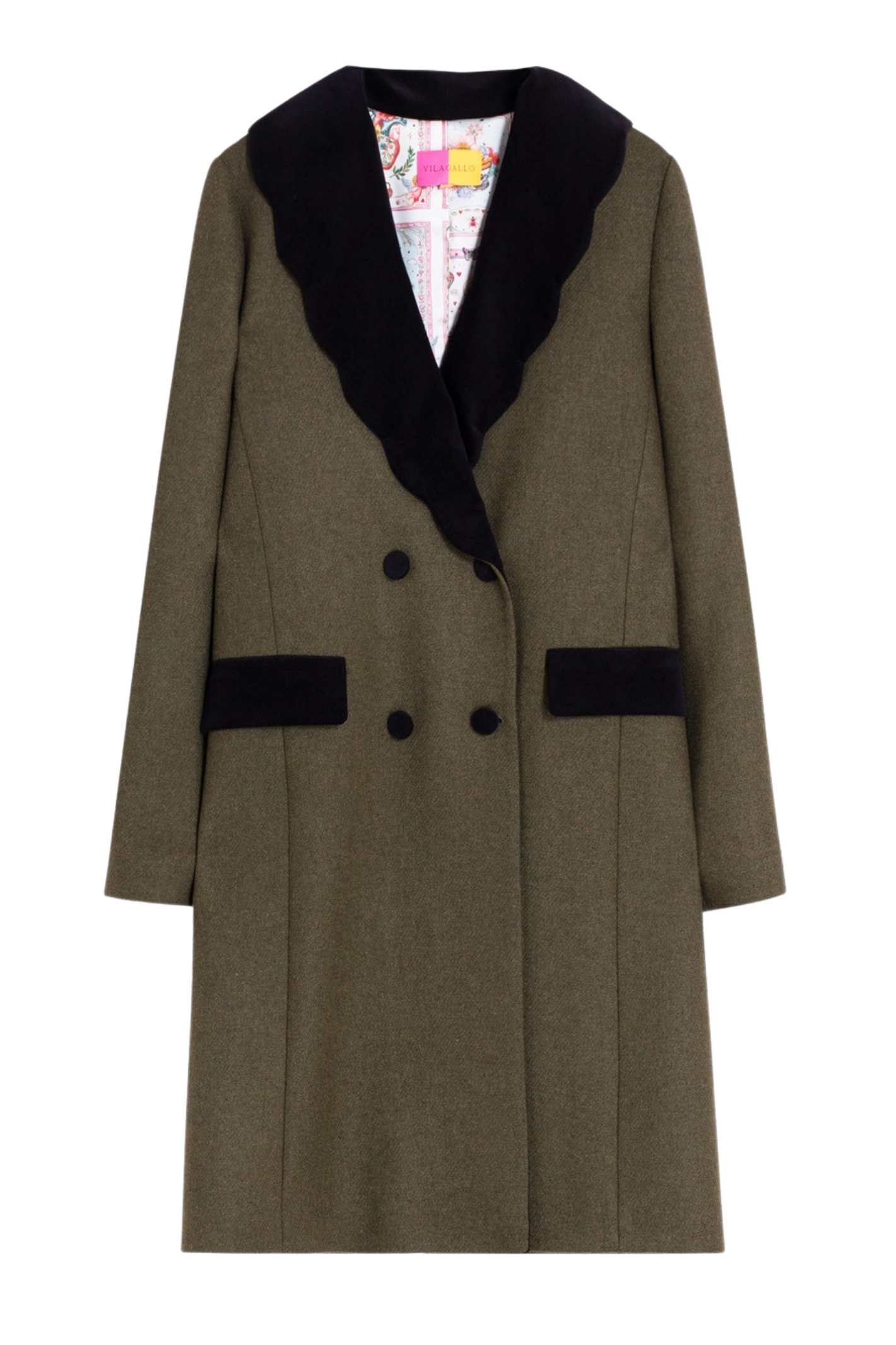 Shop the Vilagallo Green Wool Double-Breasted Coat at Dotique. A beautifully tailored wool-blend coat with a double-breasted design, statement buttons and signature printed lining.