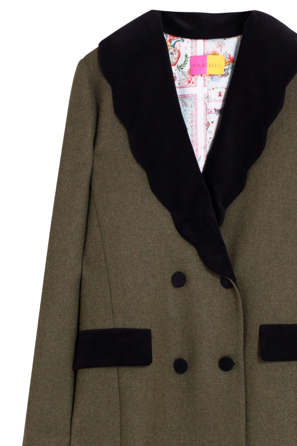 Shop the Vilagallo Green Wool Double-Breasted Coat at Dotique. A beautifully tailored wool-blend coat with a double-breasted design, statement buttons and signature printed lining.