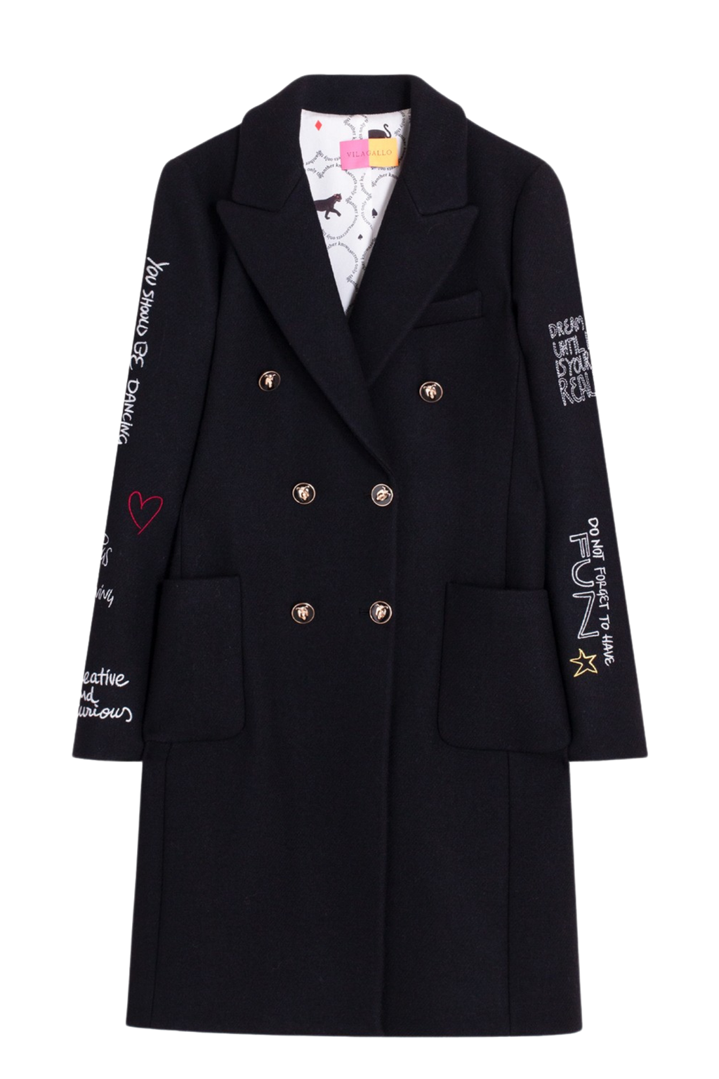 Shop the Vilagallo Black Ferris Wheel Print Coat at Dotique. A beautifully tailored black coat with an exclusive print, signature lining and timeless silhouette for autumn and winter.