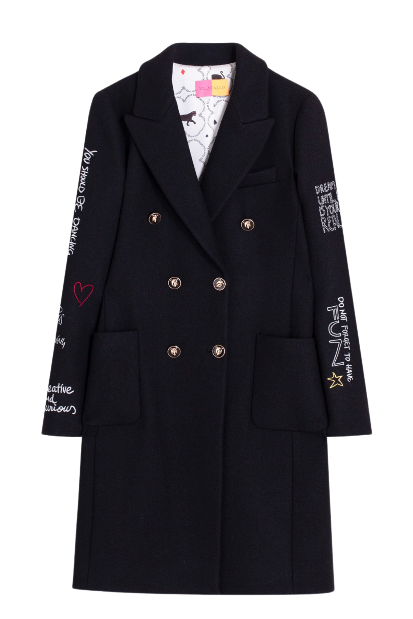 Shop the Vilagallo Black Ferris Wheel Print Coat at Dotique. A beautifully tailored black coat with an exclusive print, signature lining and timeless silhouette for autumn and winter.