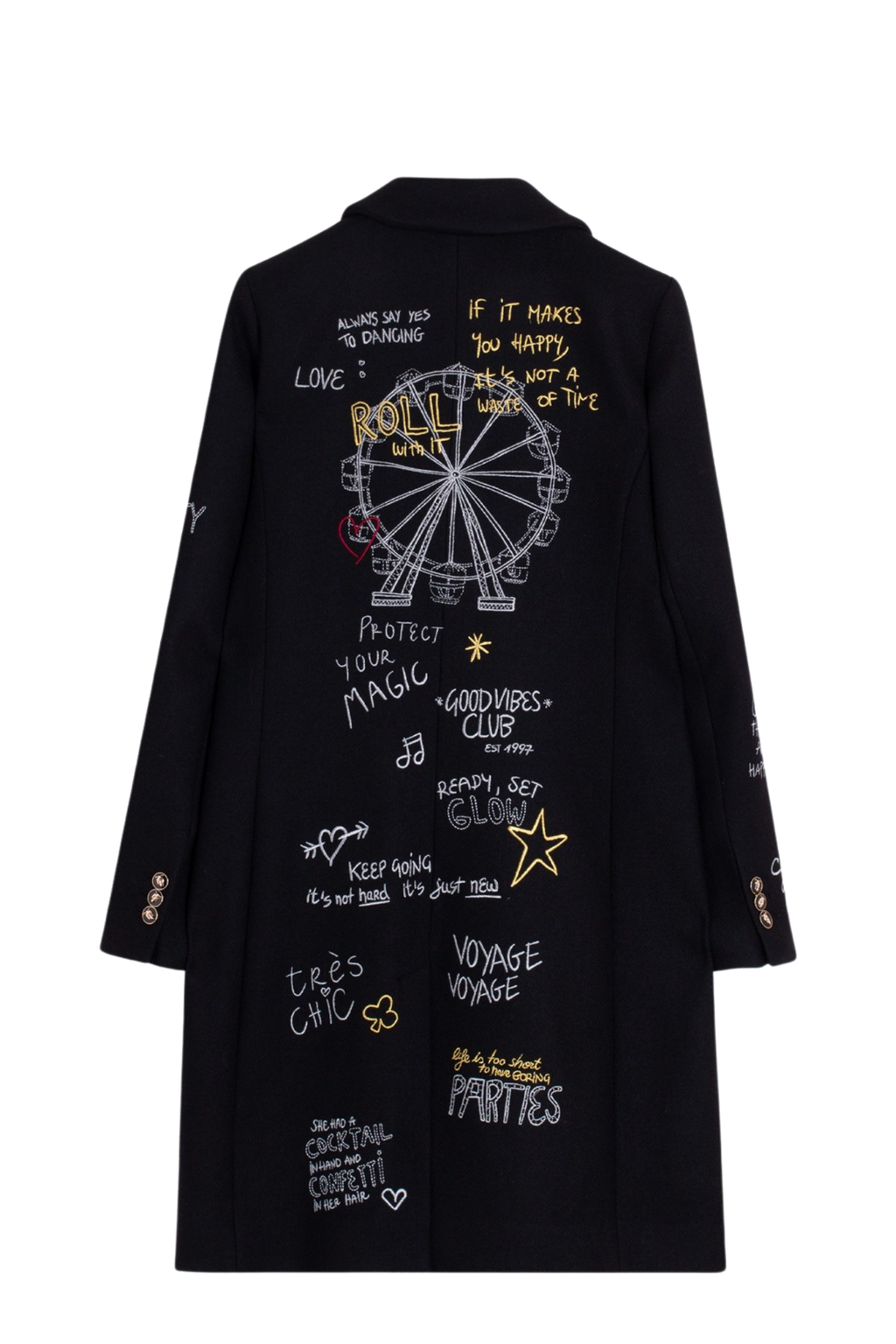 Shop the Vilagallo Black Ferris Wheel Print Coat at Dotique. A beautifully tailored black coat with an exclusive print, signature lining and timeless silhouette for autumn and winter.