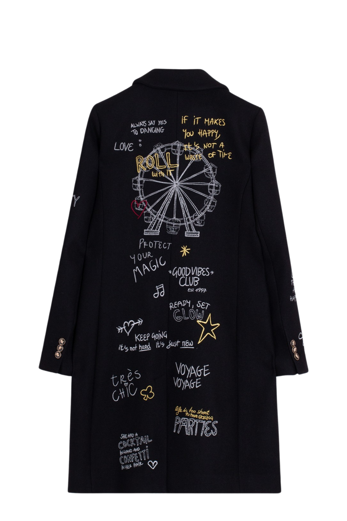 Shop the Vilagallo Black Ferris Wheel Print Coat at Dotique. A beautifully tailored black coat with an exclusive print, signature lining and timeless silhouette for autumn and winter.