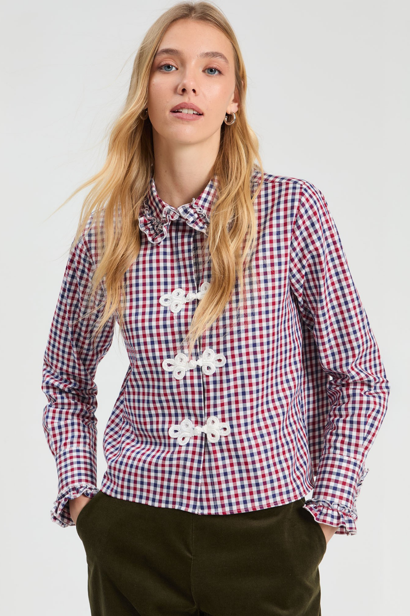 Shop the Vilagallo Red & Blue Gingham Shirt at Dotique. Crafted from 100% cotton with a classic gingham check and signature decorative braid detailing for everyday style.