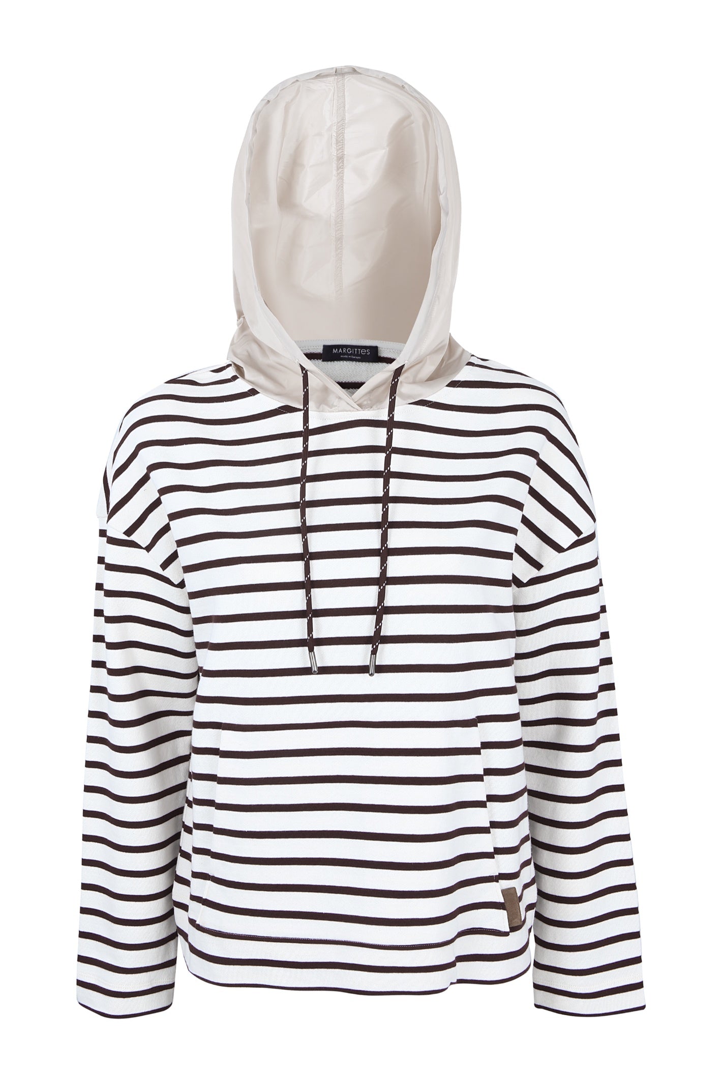 Shop the Margittes Striped Hooded Sweatshirt in chocolate brown and cream at Dotique. Made from 100% cotton with a contrasting hood, relaxed fit and classic striped design.