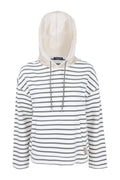 Shop the Margittes Striped Hooded Sweatshirt in grey and cream at Dotique. Made from 100% cotton with a contrasting hood, relaxed fit and classic striped design for everyday style.