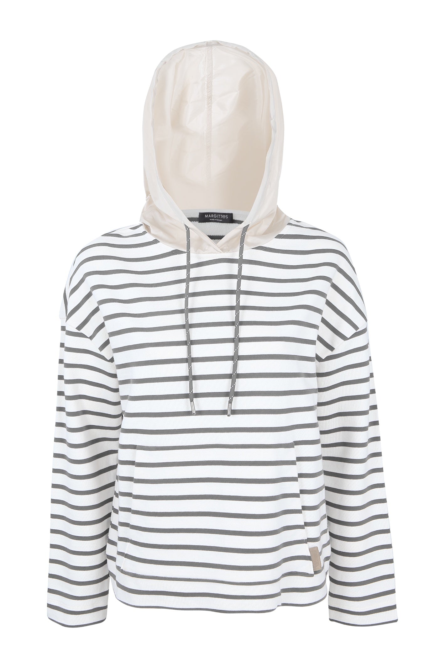Shop the Margittes Striped Hooded Sweatshirt in grey and cream at Dotique. Made from 100% cotton with a contrasting hood, relaxed fit and classic striped design for everyday style.
