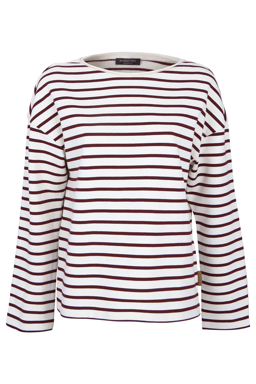 Shop the Margittes Striped Round Neck Sweatshirt in burgundy and cream at Dotique. Made from 100% cotton with a relaxed fit and classic stripe design for effortless everyday style.