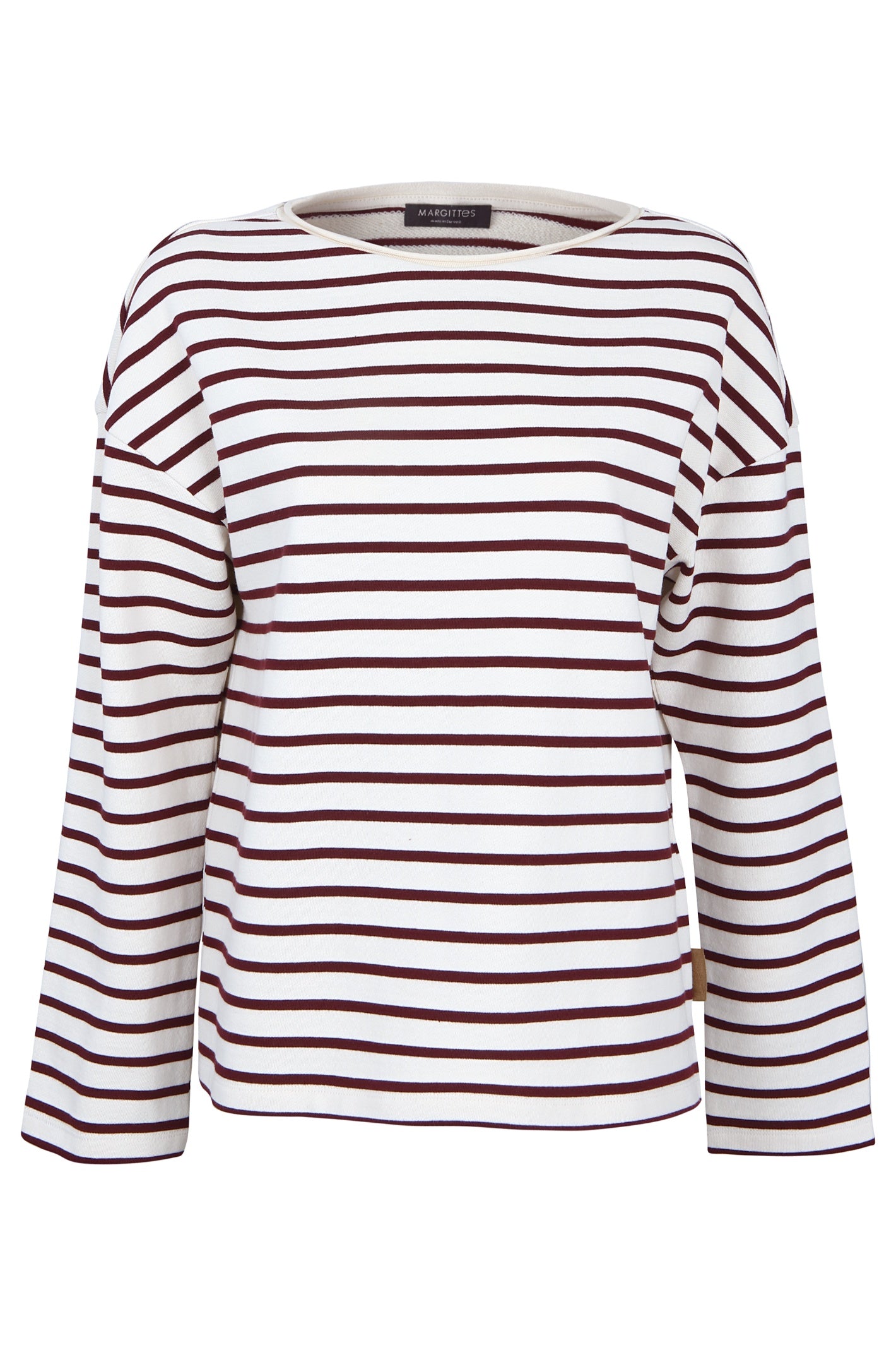 Shop the Margittes Striped Round Neck Sweatshirt in burgundy and cream at Dotique. Made from 100% cotton with a relaxed fit and classic stripe design for effortless everyday style.