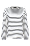 Shop the Margittes Striped Round Neck Sweatshirt in grey and cream at Dotique. Crafted from 100% cotton with a relaxed fit, classic stripe design and everyday comfort.