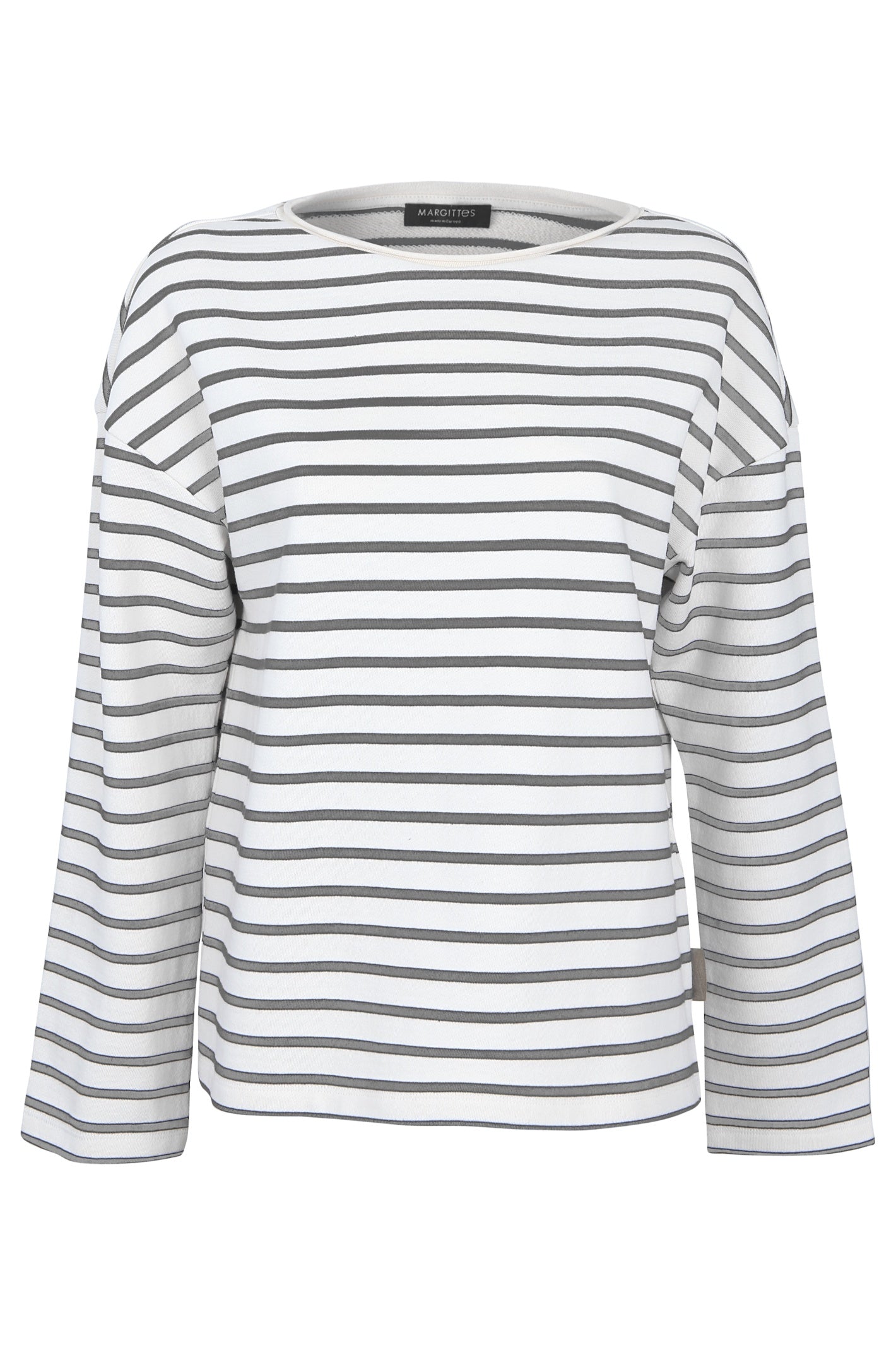 Shop the Margittes Striped Round Neck Sweatshirt in grey and cream at Dotique. Crafted from 100% cotton with a relaxed fit, classic stripe design and everyday comfort.