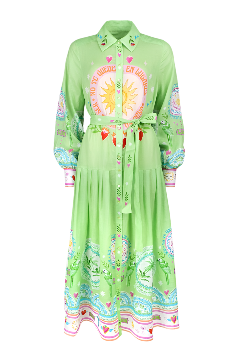 Grace 434/3225-786 Light Green Patterned Long Sleeve Dress with Tie