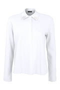 Shop the Margittes White Polo Shirt at Dotique. Crafted from 100% cotton with a concealed half-button front and elegant diamanté collar detailing for effortless smart-casual style.