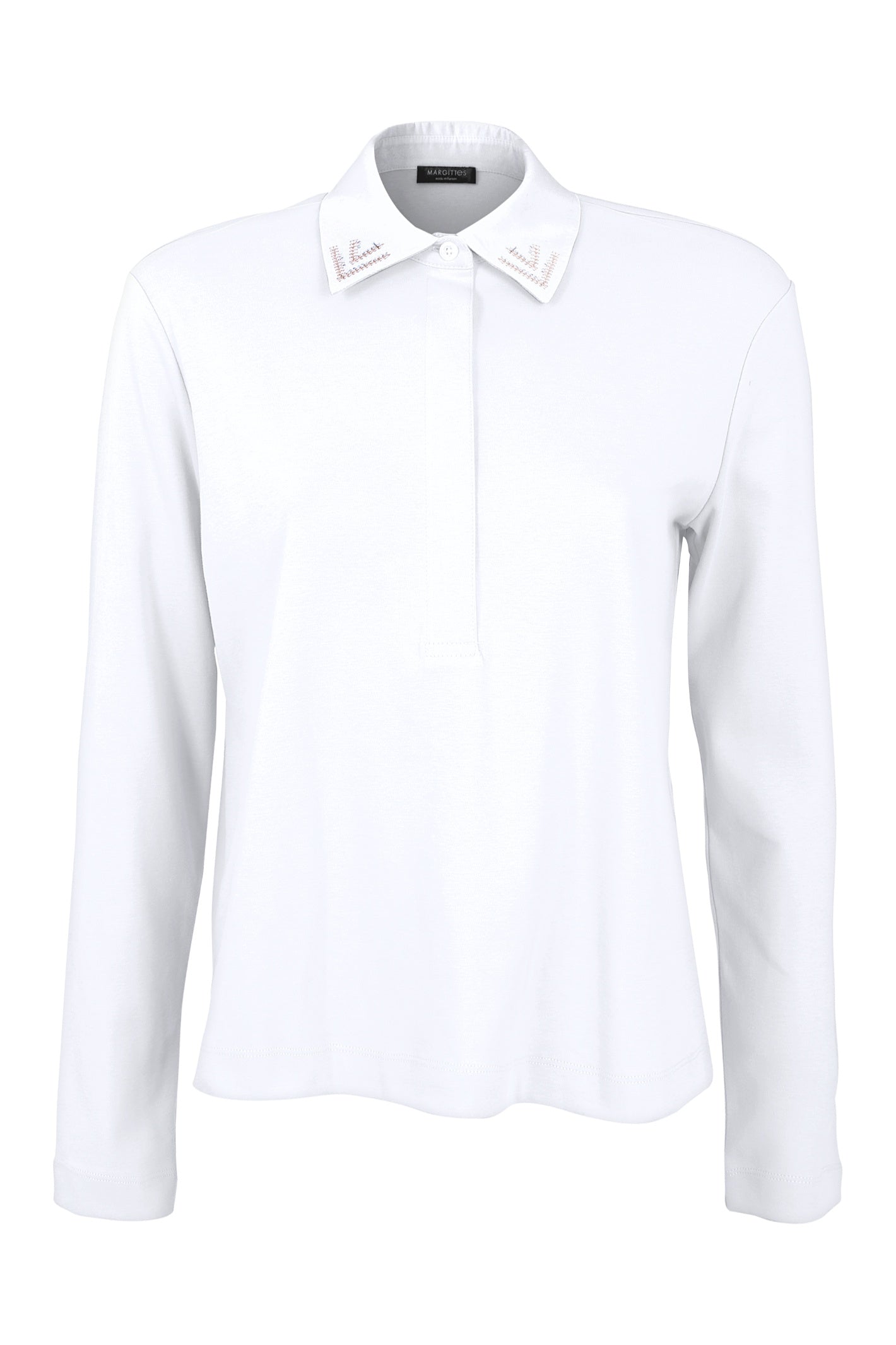 Shop the Margittes White Polo Shirt at Dotique. Crafted from 100% cotton with a concealed half-button front and elegant diamanté collar detailing for effortless smart-casual style.
