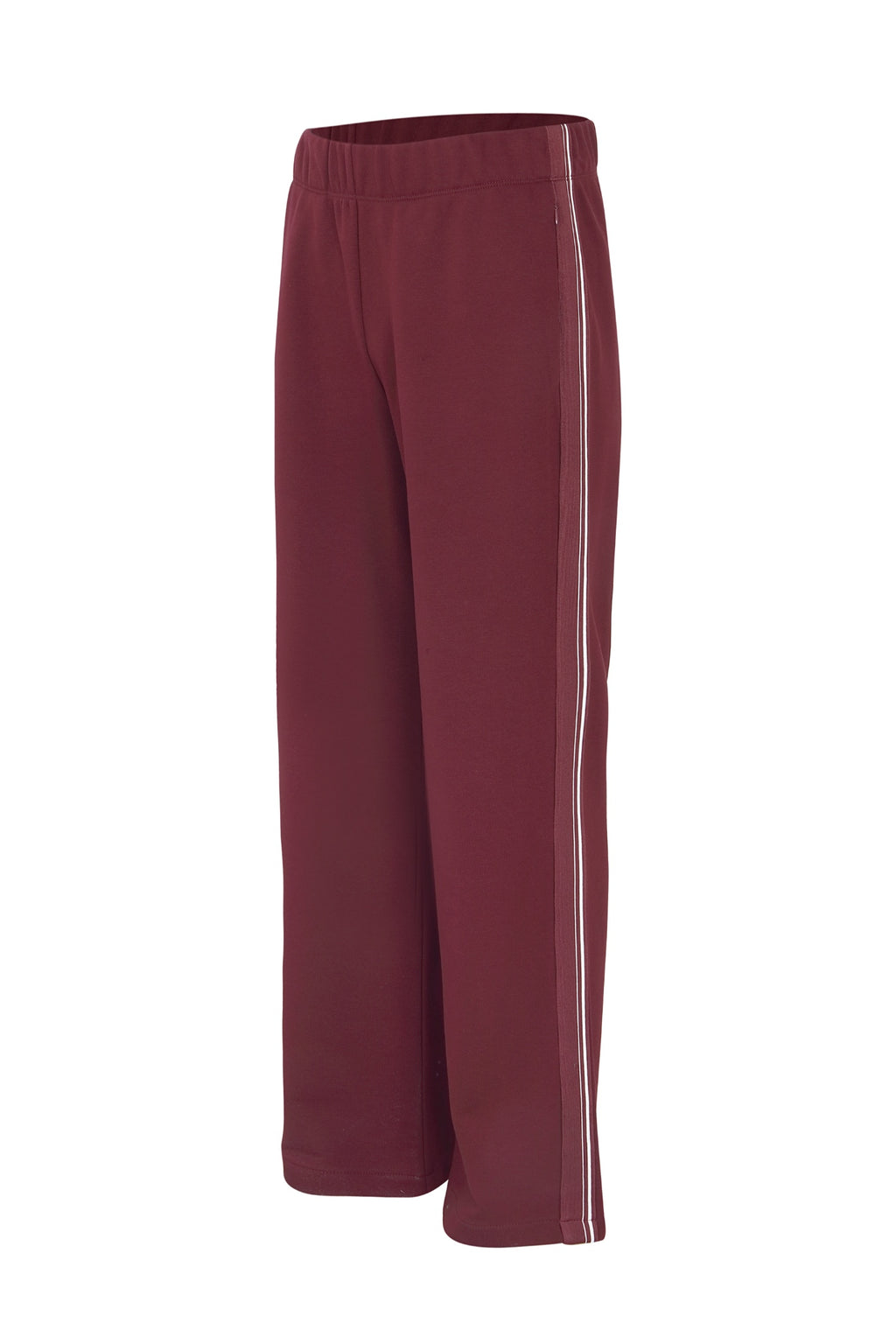 Shop the Margittes Wide Leg Jogging Trousers in burgundy at Dotique. Cotton-rich pull-on trousers with a wide-leg fit and contrast cream side stripe for effortless everyday style.