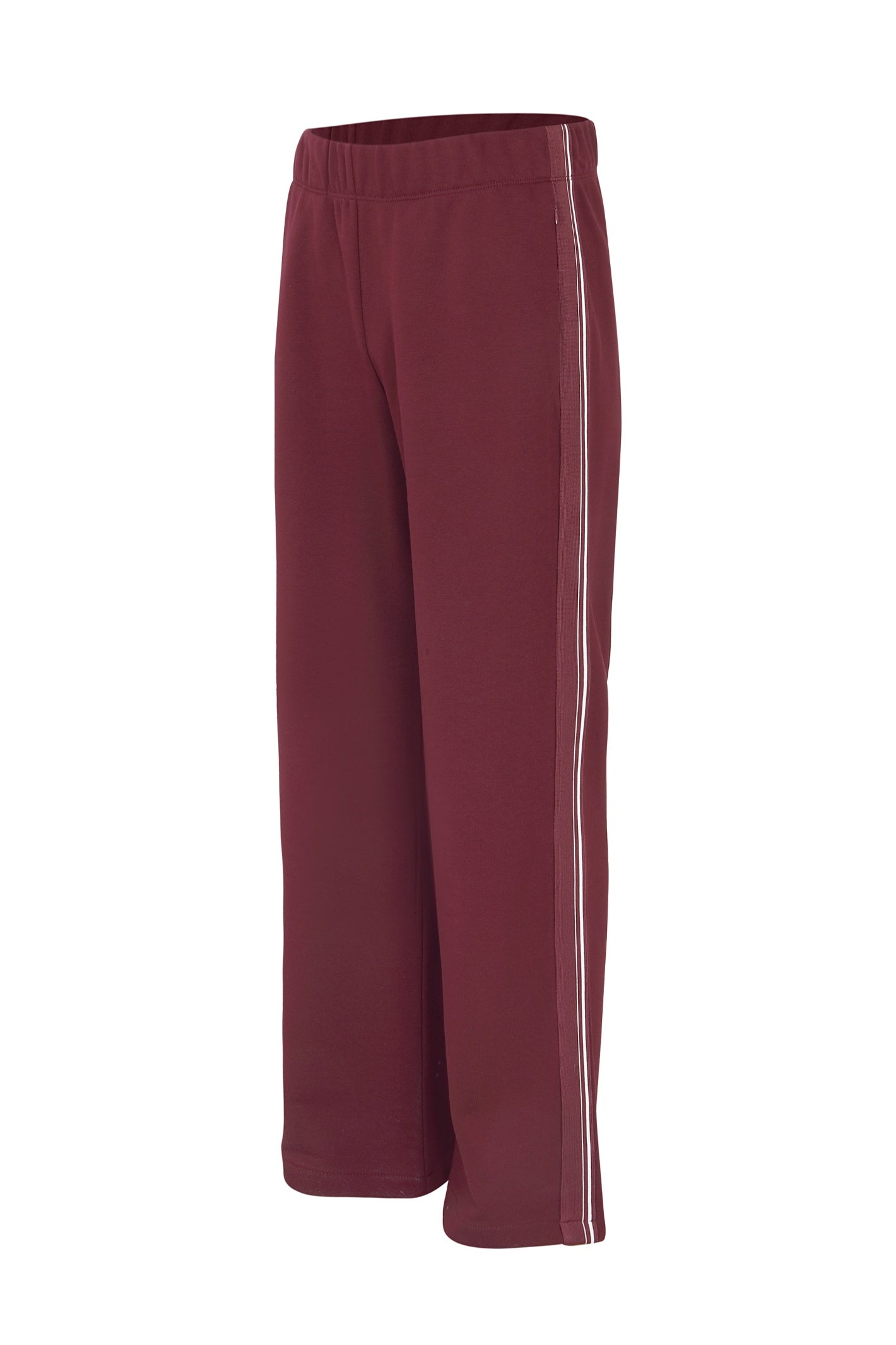 Shop the Margittes Wide Leg Jogging Trousers in burgundy at Dotique. Cotton-rich pull-on trousers with a wide-leg fit and contrast cream side stripe for effortless everyday style.