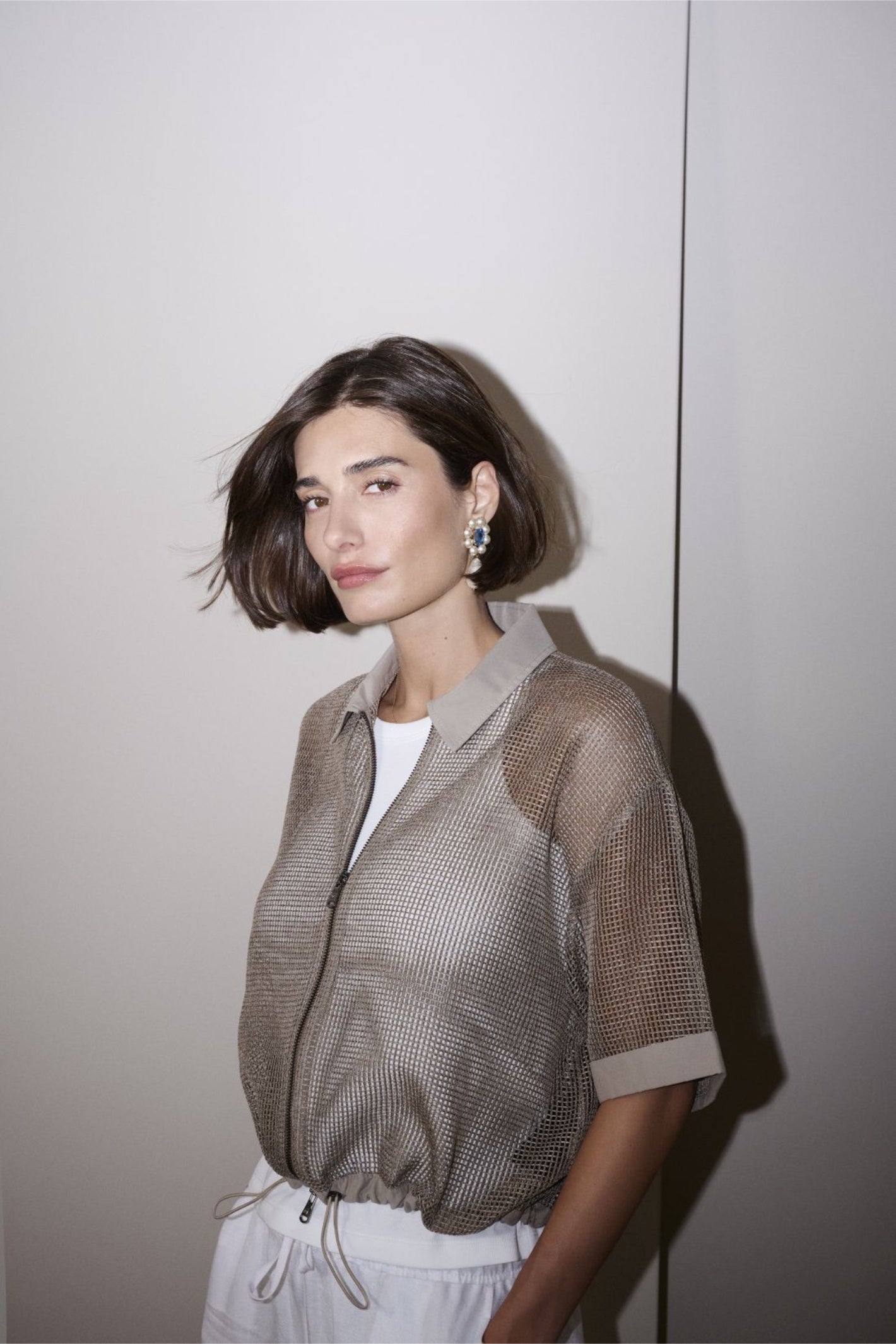 Side view of Margittes Mesh Zip Front Jacket in Stone 562722524 by Margittes Shop the Vendor at Dotique