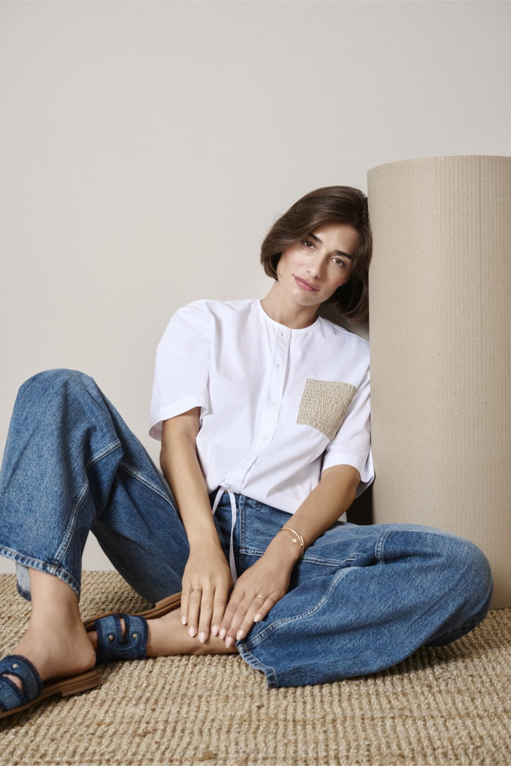 Margittes Button Front Shirt with Textured Pocket in White 562782524 by Margittes Shop the Vendor at Dotique model seated casually