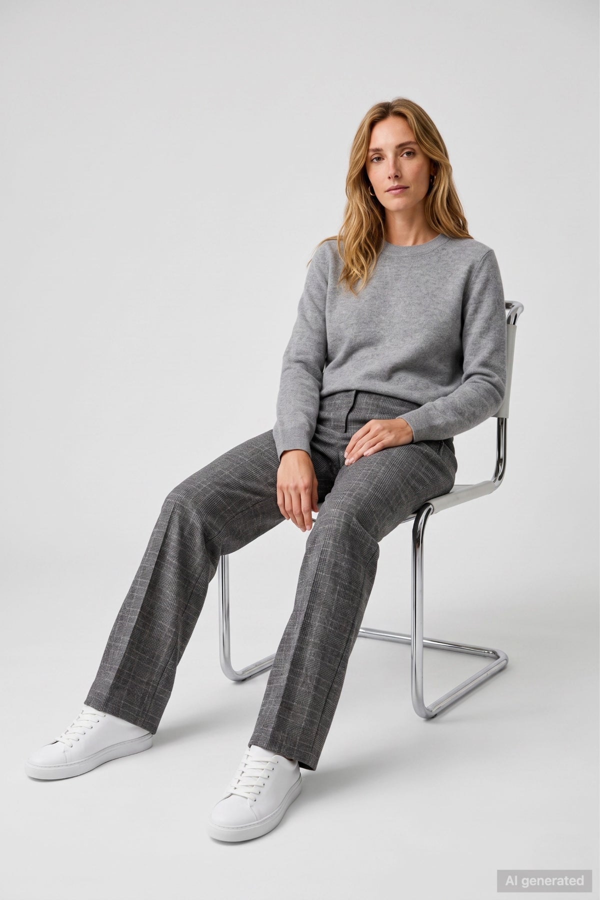Anna Montana 5667 Rose Easy Flexi Bozen 4 Original Grey Check trousers on model Shop Anna Montana at Dotique